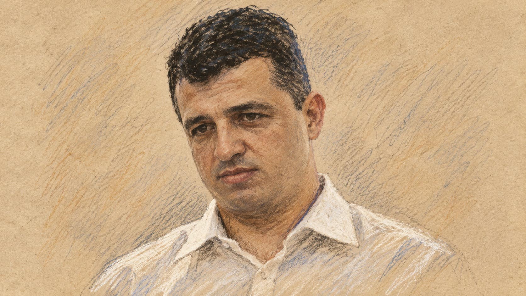 Courtroom-sketch editorial illustration of an archival portrait of Carmel Shama-Hacohen in a white shirt against a plain background, providing context for the mayor’s role.
