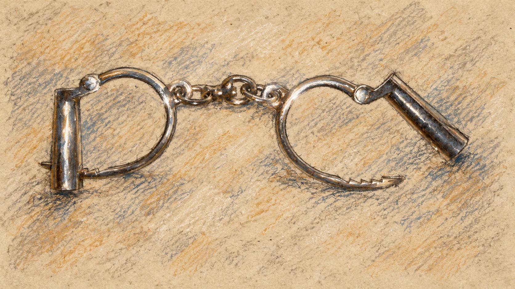 Courtroom-sketch editorial illustration of unoccupied metal handcuffs lying open on a pale surface, used as contextual imagery for the reported detentions.