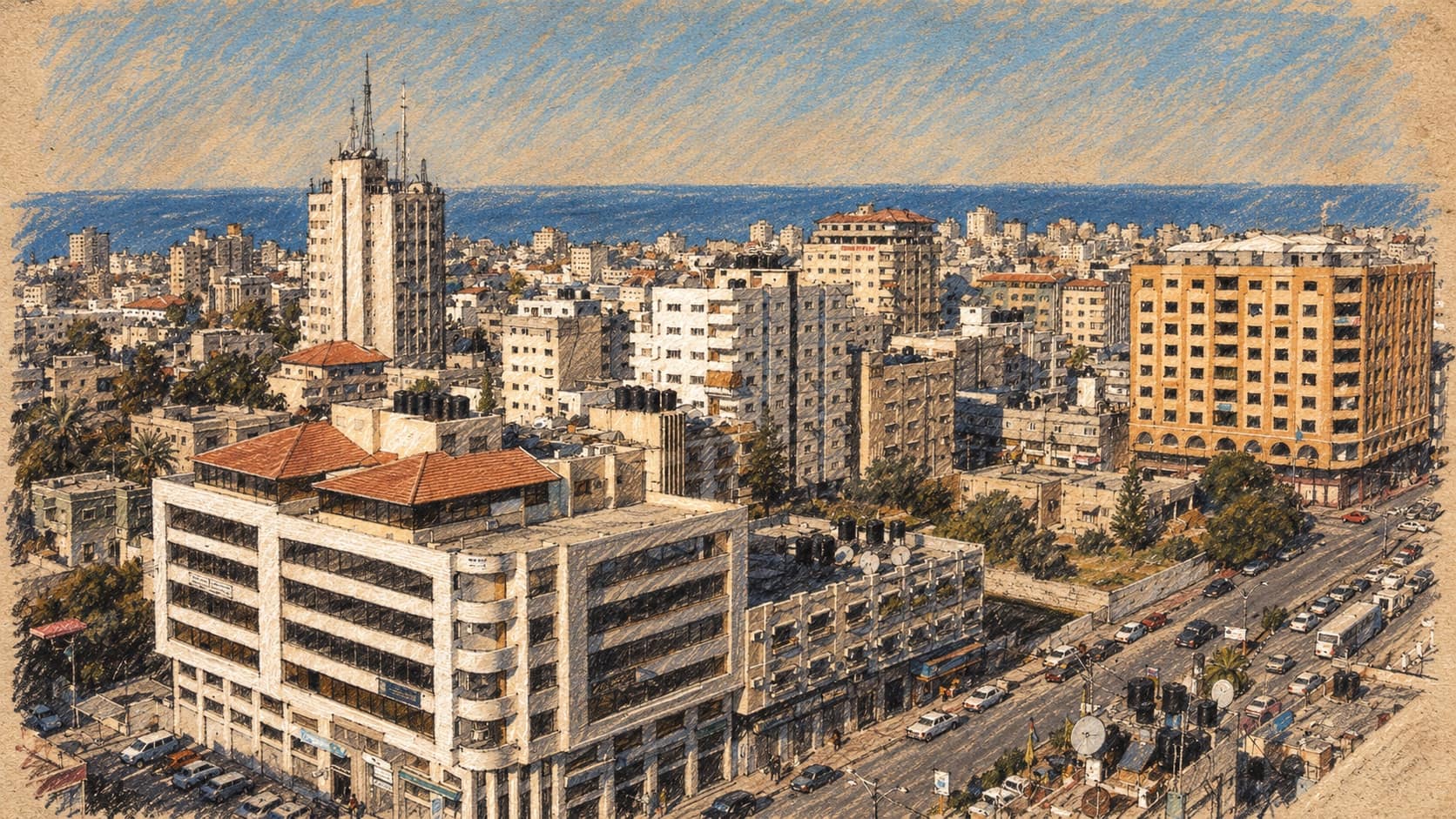 Courtroom-sketch editorial illustration of an archival 2007 elevated Gaza City panorama with midrise buildings, a diagonal road and the Mediterranean horizon; geographic context, not a depiction of the reported strikes or Hamas weapons sites.