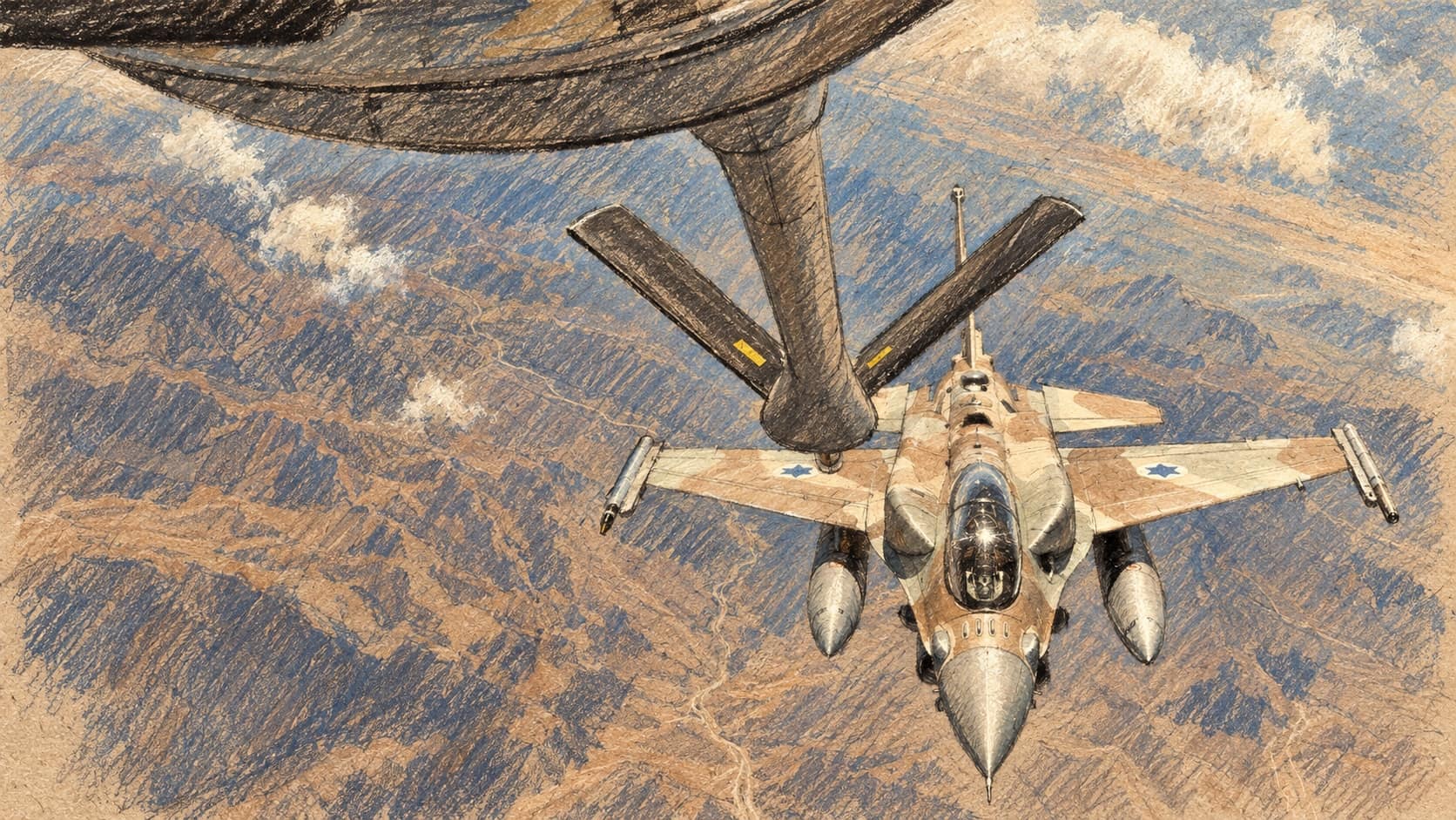 Courtroom-sketch editorial illustration of an Israeli F-16 approaching an aerial-refueling boom above desert mountains, based on archival 2009 training imagery
