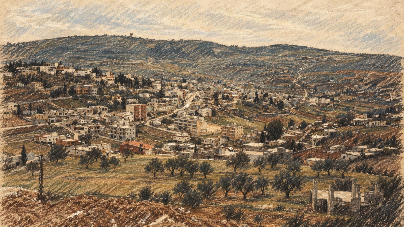 Courtroom-sketch editorial illustration of an archival 1989 panorama of Bint Jbeil in southern Lebanon, with buildings, fields and olive trees beneath rolling hills; geographic context, not the reported interceptor event.