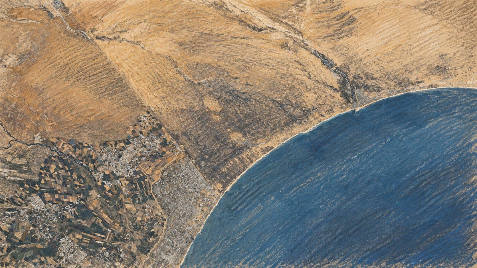 Courtroom-sketch editorial illustration of an archival orbital view of the Gaza coastline and neighboring terrain; geographic context, not the hospital footage or current event