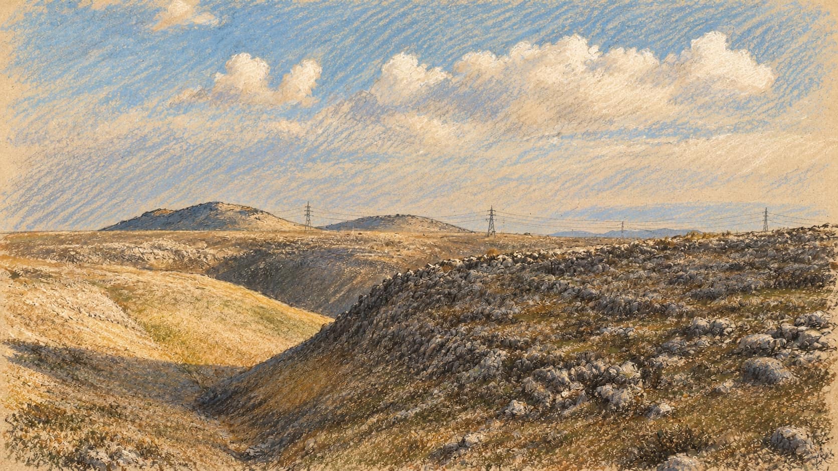 Courtroom-sketch editorial illustration of archival Upper Galilee hills and a grassy valley, providing northern-border terrain context
