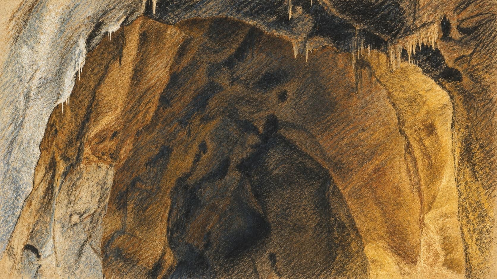 Courtroom-sketch editorial illustration of natural limestone cave walls and a dark recess, based on an archival El-Wad Cave reference as contextual imagery rather than the cave near Horshim.