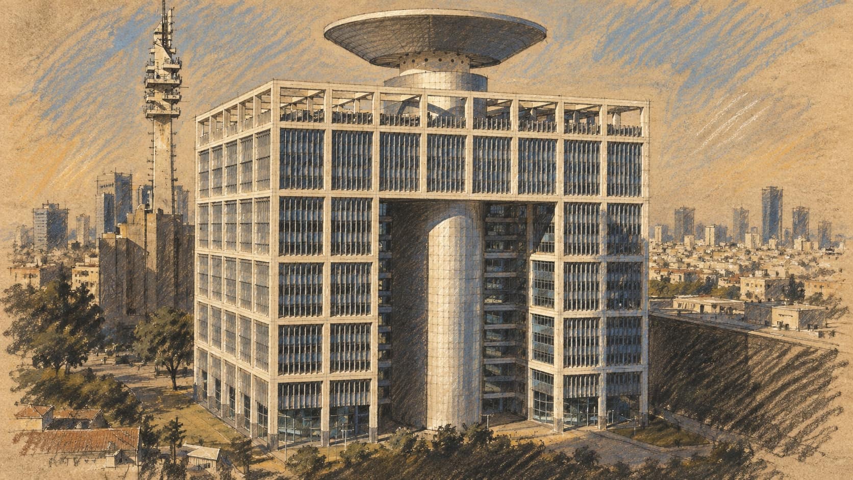Courtroom-sketch editorial illustration of an archival view of Matcal Tower at Israel’s defense headquarters in Tel Aviv, providing institutional context rather than depicting the retirement event.