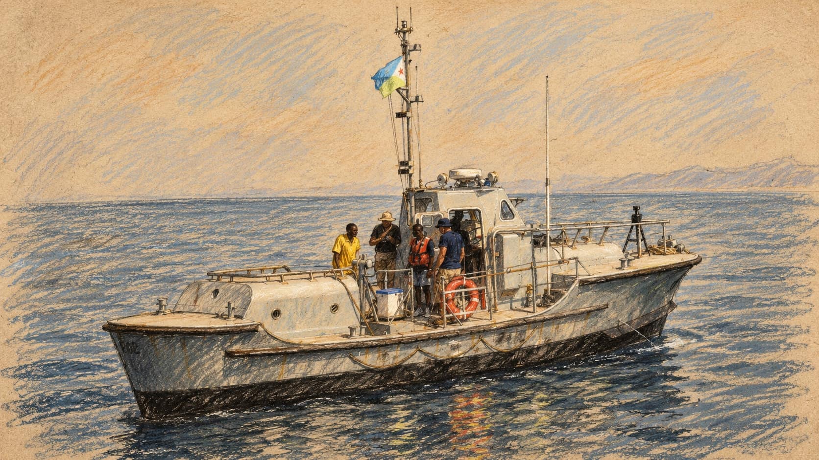 Courtroom-sketch editorial illustration of a Djiboutian patrol boat with crew around its central cabin on calm Gulf of Tadjoura waters, from a September 2006 U.S. Air Force photograph, rendered in warm ochre and slate-blue pastel strokes; archival maritime context, not the October 2026 shipwreck, its vessel or rescue operation.