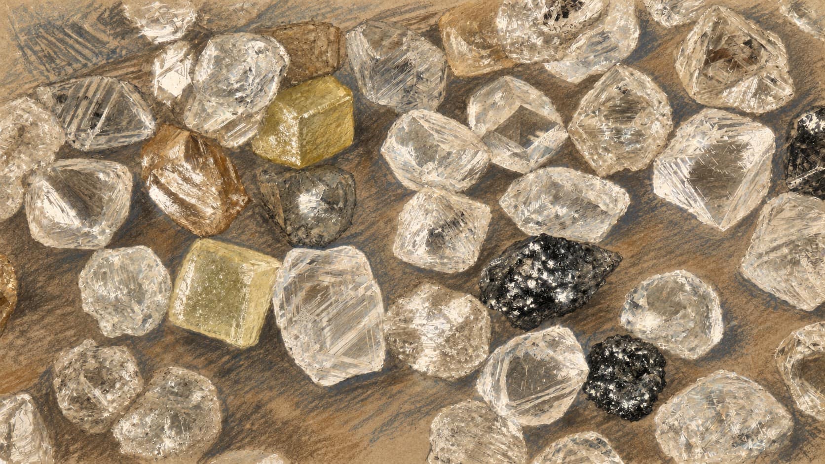 Courtroom-sketch editorial illustration of rough diamond crystals, used as context for the diamond industry's tax arrangement