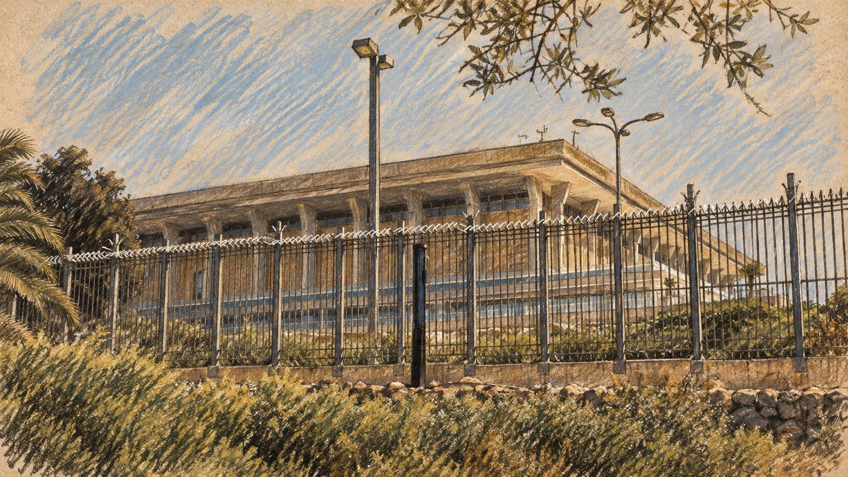 Courtroom-sketch editorial illustration of an archival view of the Knesset building beyond a perimeter fence and garden