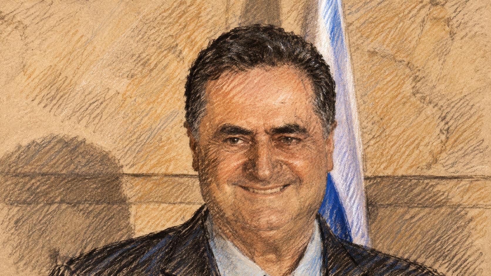 Courtroom-sketch editorial illustration of an archival 2019 close portrait of Israel Katz in a dark suit against a stone wall with part of an Israeli flag; contextual portrait, not a depiction of his latest statement.