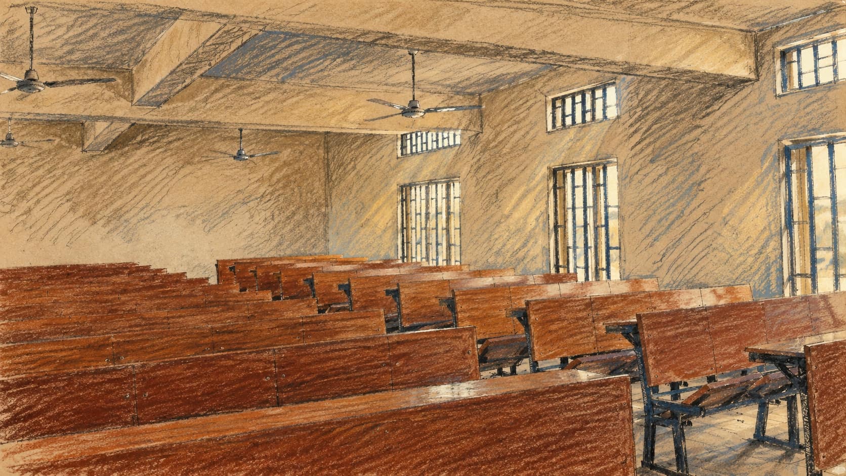 Courtroom-sketch editorial illustration of an empty classroom with wooden desks and benches, ceiling fans and tall windows; archival contextual school imagery.