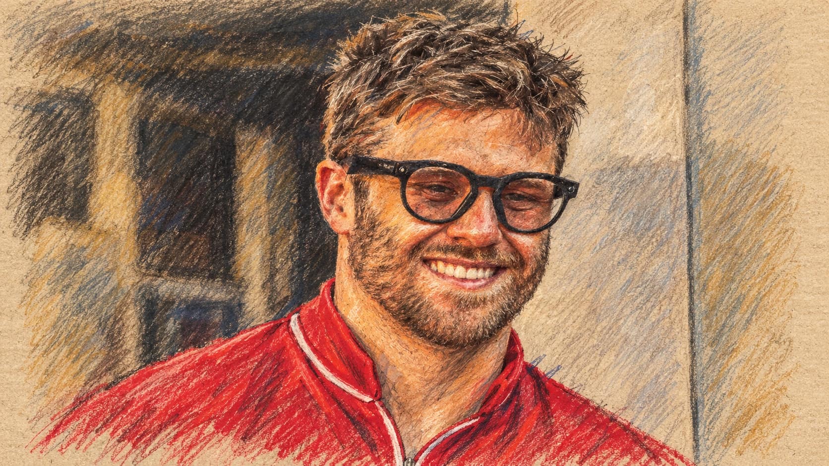 Courtroom-sketch editorial illustration of an archival portrait of Brodie Kostecki smiling in black glasses and a red collared shirt at the Sydney 500 in February 2026, rendered in warm ochre and slate-blue pastel strokes.