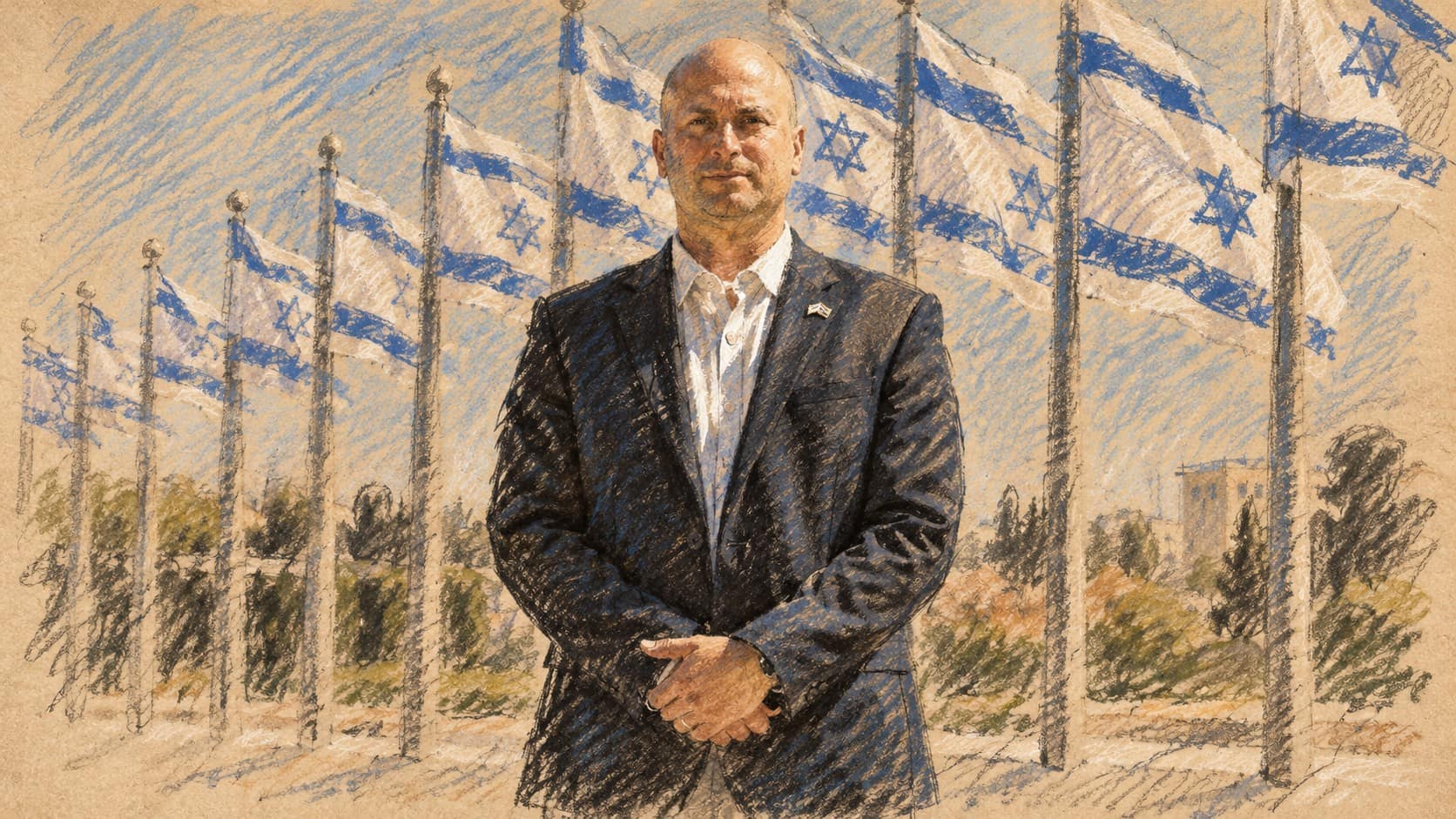 Courtroom-sketch editorial illustration of Yitzhak Kroizer standing outdoors with Israeli flags, based on an archival portrait