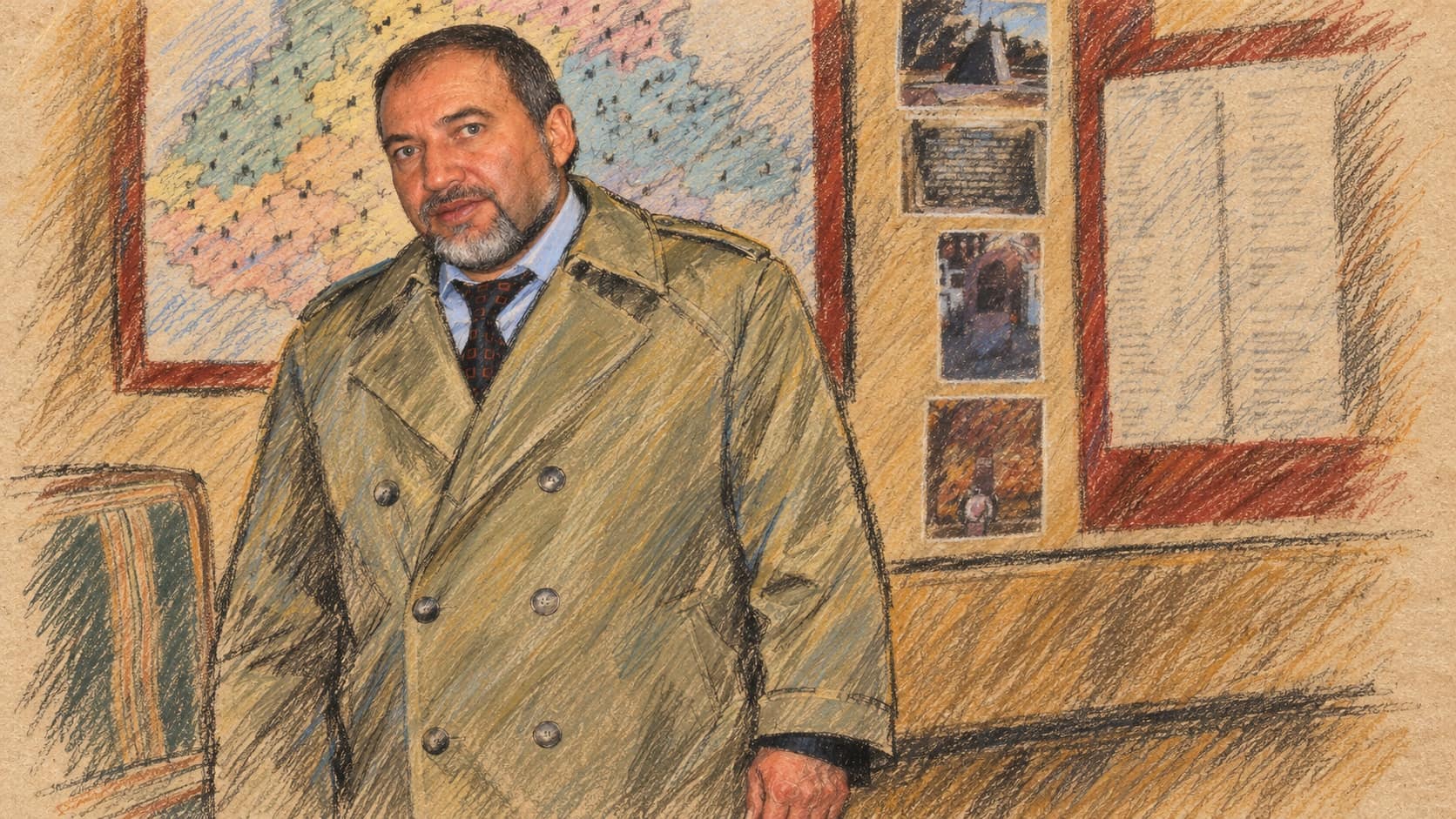 Courtroom-sketch editorial illustration of an archival portrait of Avigdor Liberman in a light olive coat before museum display boards; contextual portrait, not his October 2026 statement.
