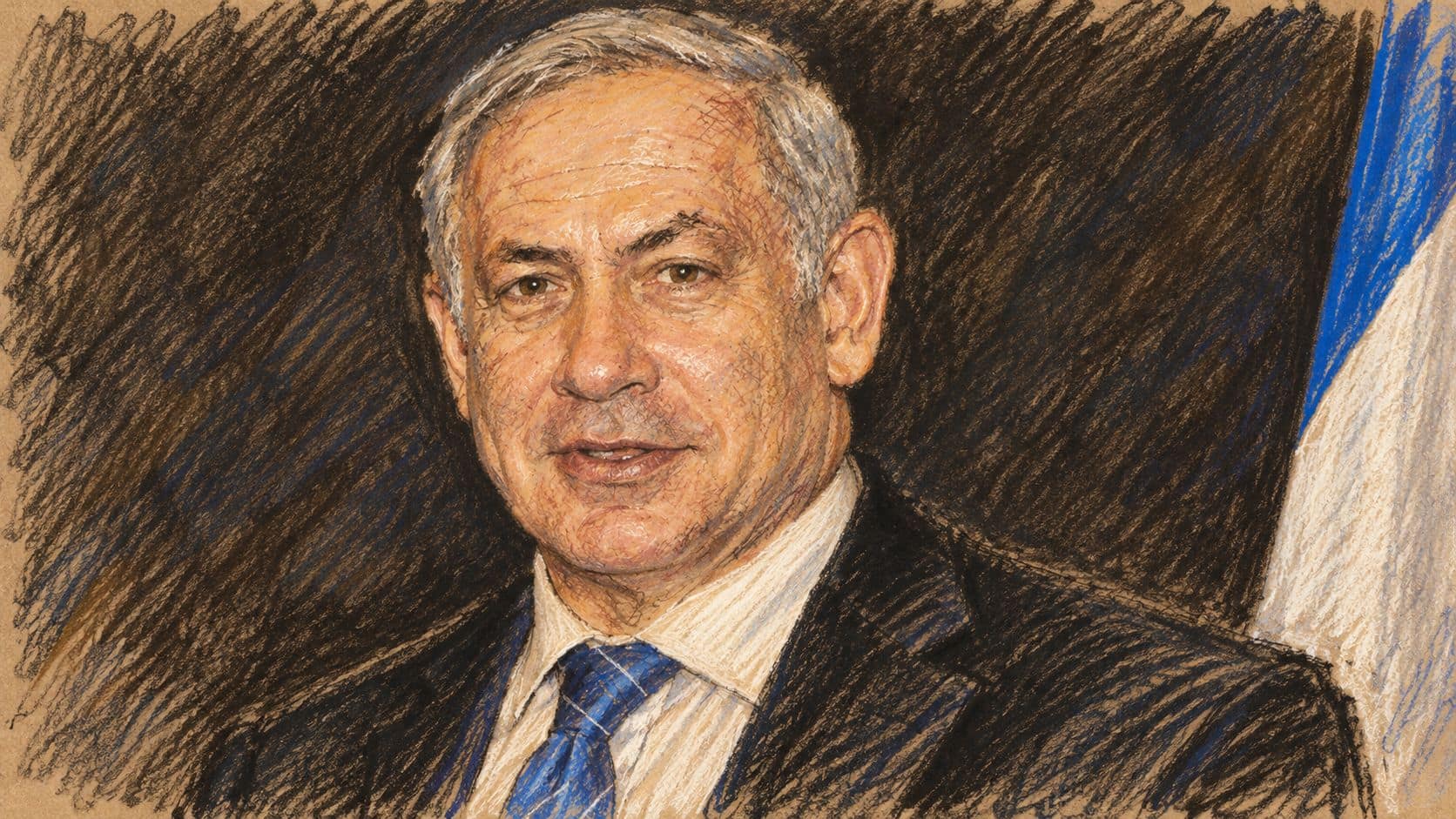 Courtroom-sketch editorial illustration of an archival September 2010 portrait of Benjamin Netanyahu in a dark suit and blue tie with part of an Israeli flag; contextual portrait for Likud's trial demands.