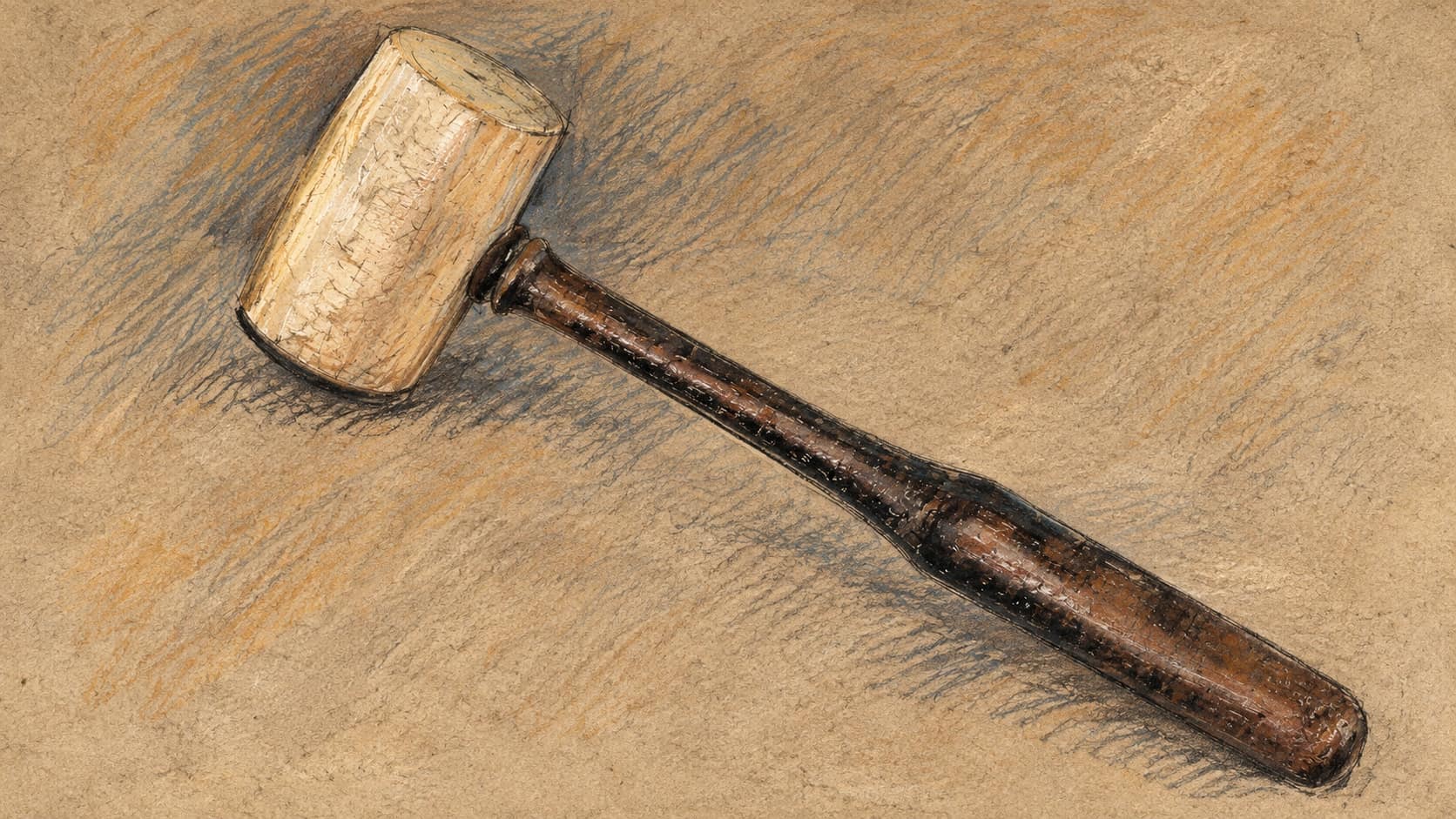 Courtroom-sketch editorial illustration of an archival museum gavel with a pale head and dark wooden handle; symbolic sentencing context, not the Lod court or the people involved.