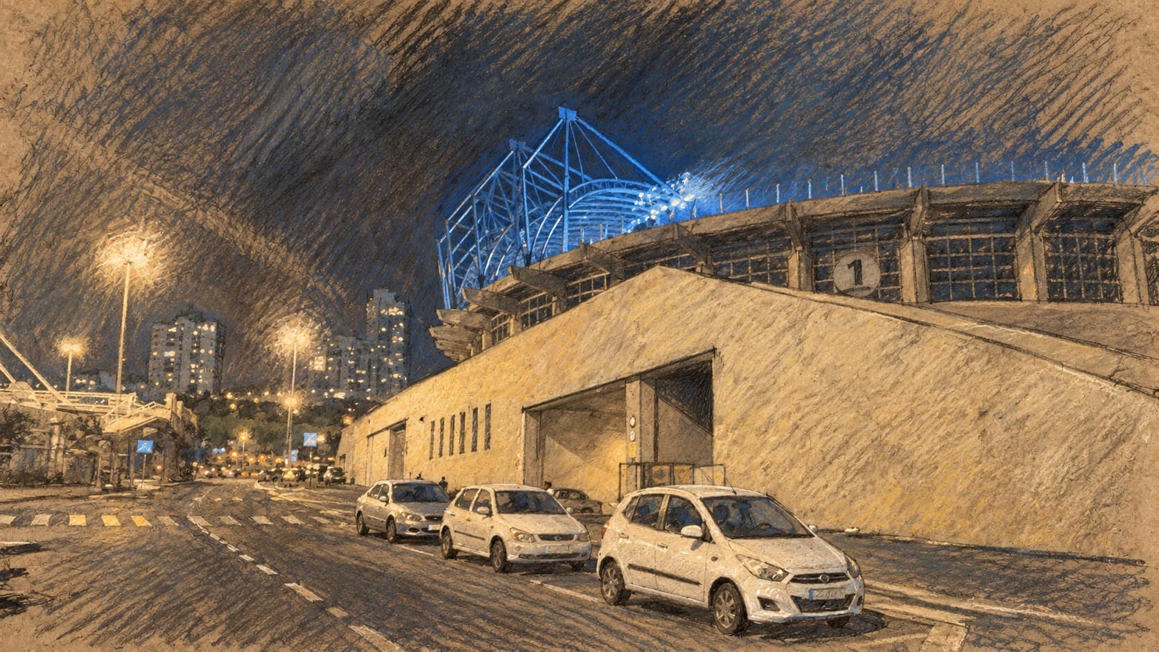 Courtroom-sketch editorial illustration of an archival nighttime exterior of Teddy Stadium in Jerusalem, with pale concrete walls, blue-lit roof trusses, parked cars and streetlights; contextual venue view.