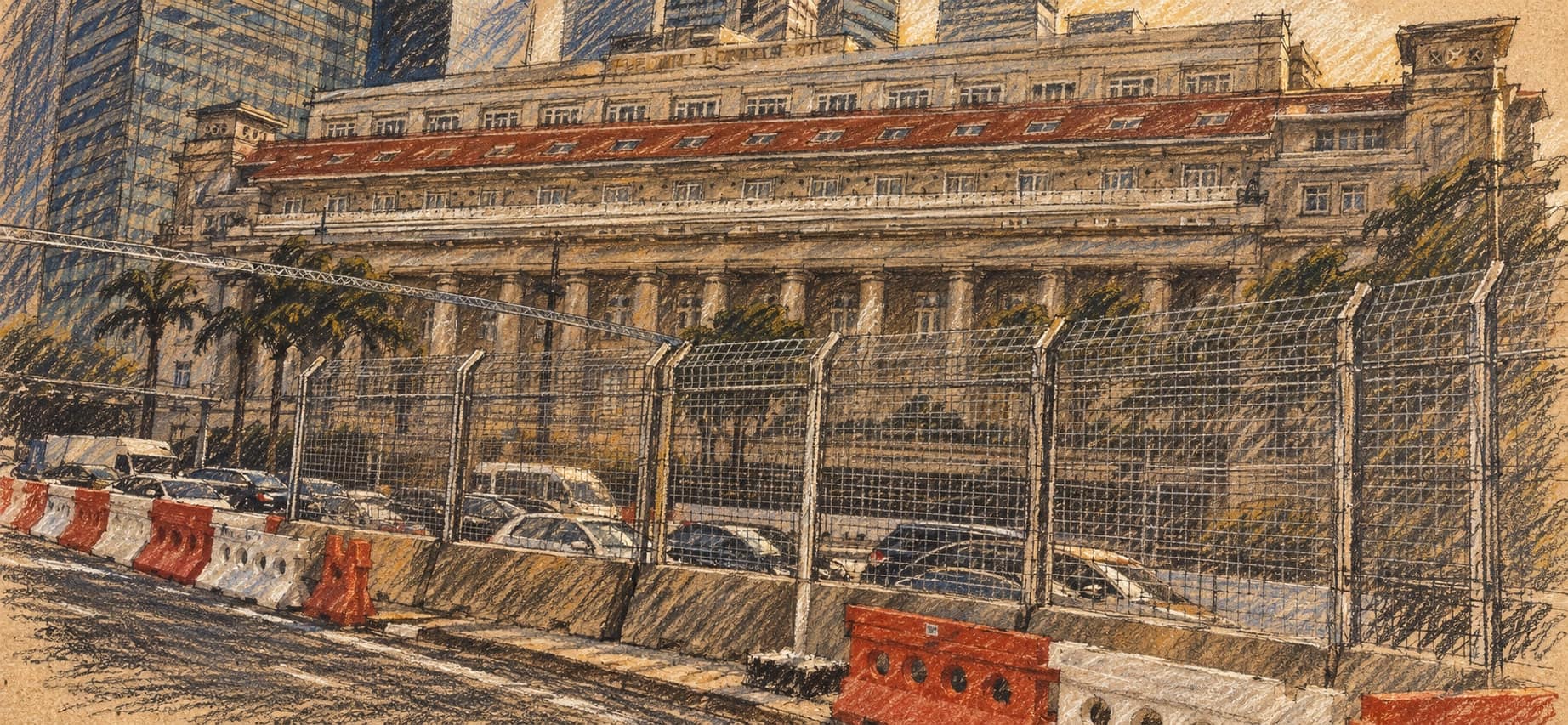 Courtroom-sketch editorial illustration of an archival August 2023 view of Marina Bay Street Circuit preparations, with protective fencing, red-and-white track barriers, and the Fullerton building beyond; contextual circuit view, not a depiction of the October 2026 race, rendered in warm ochre and slate-blue pastel strokes.