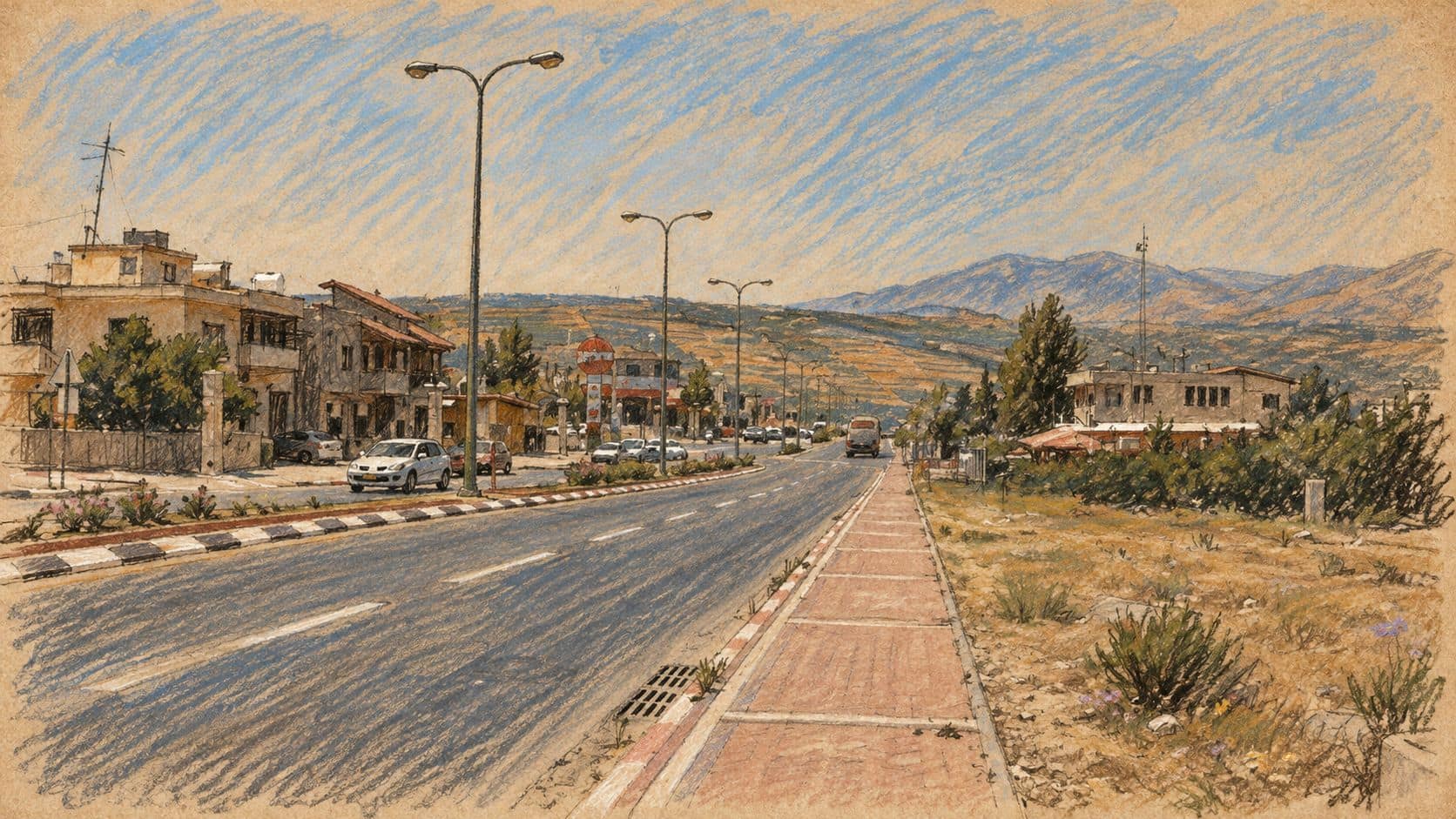 Courtroom-sketch editorial illustration of an archival view of Mas’ade’s main road and distant Hermon slopes; contextual village scene, not the reported house fire