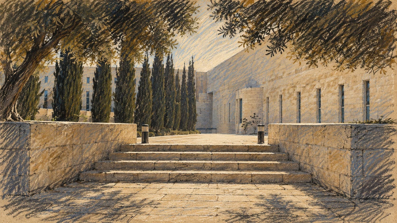 Courtroom-sketch editorial illustration of an archival empty exterior approach to the Israeli Supreme Court in Jerusalem, used as legal context