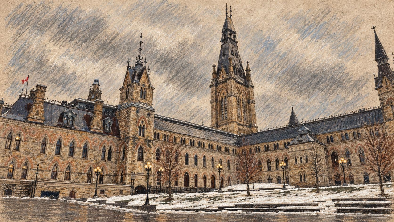 Courtroom-sketch editorial illustration of Canada’s Parliament Centre Block and Peace Tower in Ottawa with snowy lawns, an archival contextual view of the Canadian institution.