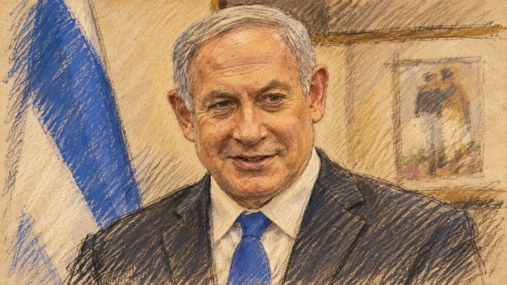 Courtroom-sketch editorial illustration of Benjamin Netanyahu in an archival portrait, wearing a dark suit and blue tie beside an Israeli flag