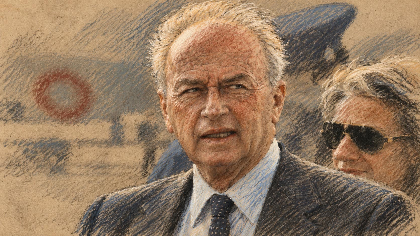 Courtroom-sketch editorial illustration of an archival 1986 portrait of Yitzhak Rabin in a suit and tie; contextual memorial imagery, not the October 2026 ceremony.