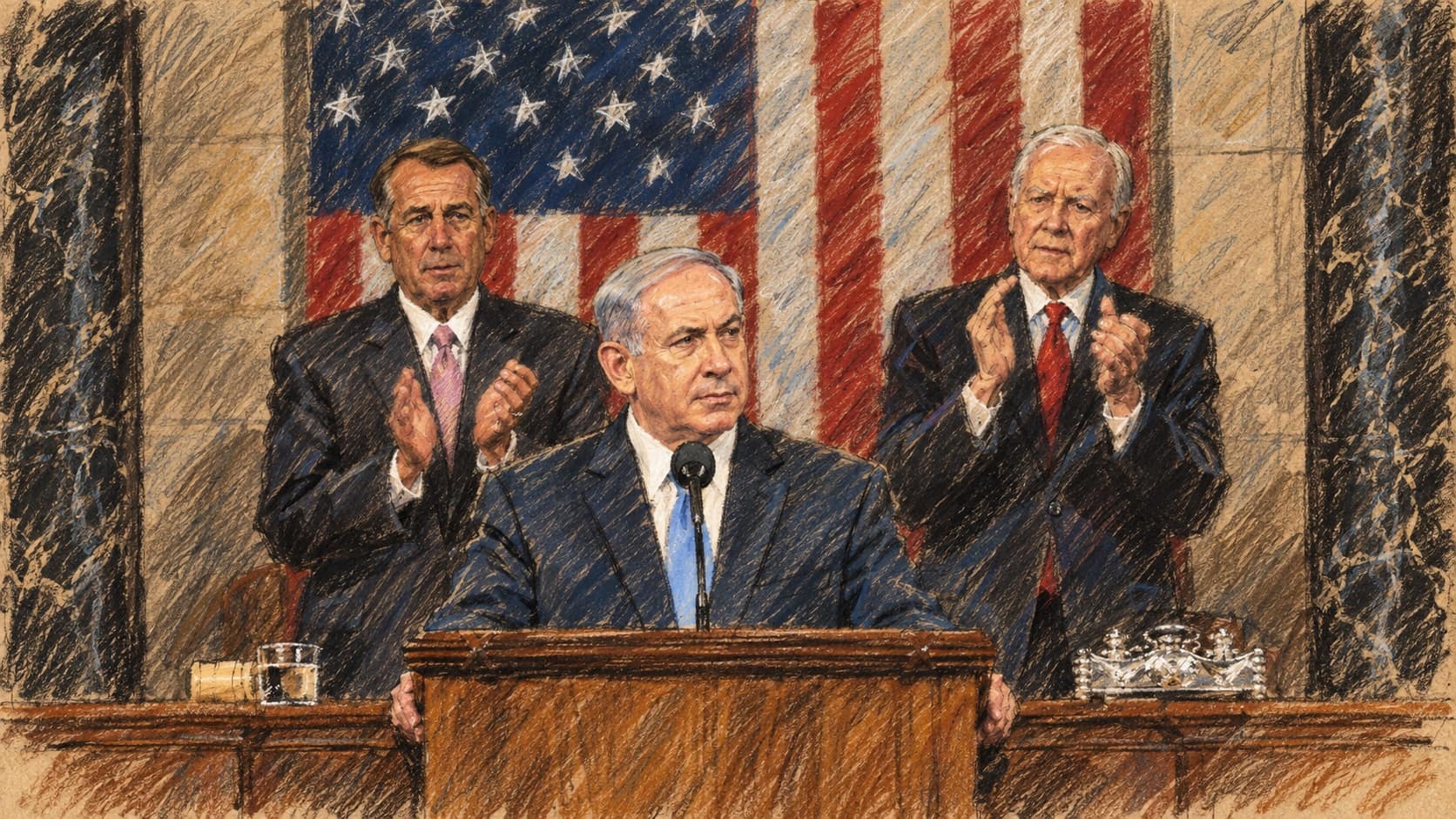Courtroom-sketch editorial illustration of an archival 2015 scene of Benjamin Netanyahu addressing the United States Congress, with John Boehner and Orrin Hatch behind him; contextual image, not the October 2026 Likud meeting