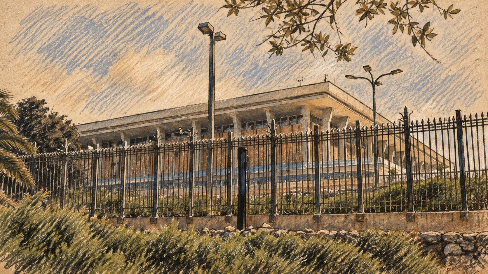 Courtroom-sketch editorial illustration of an archival exterior of the Knesset building behind its fence and gardens, used as institutional context for the opinion poll