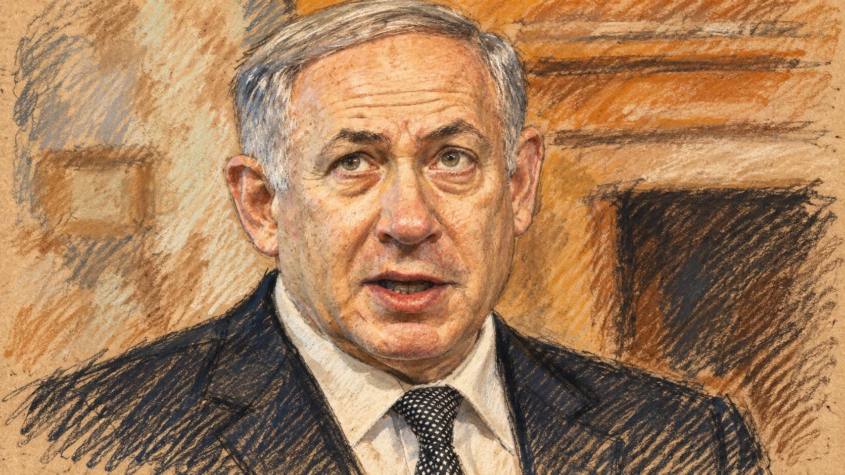 Courtroom-sketch editorial illustration of an archival 2016 portrait of Benjamin Netanyahu speaking in a dark suit, white shirt and patterned tie against a warm architectural background; contextual portrait for the pardon appeal.