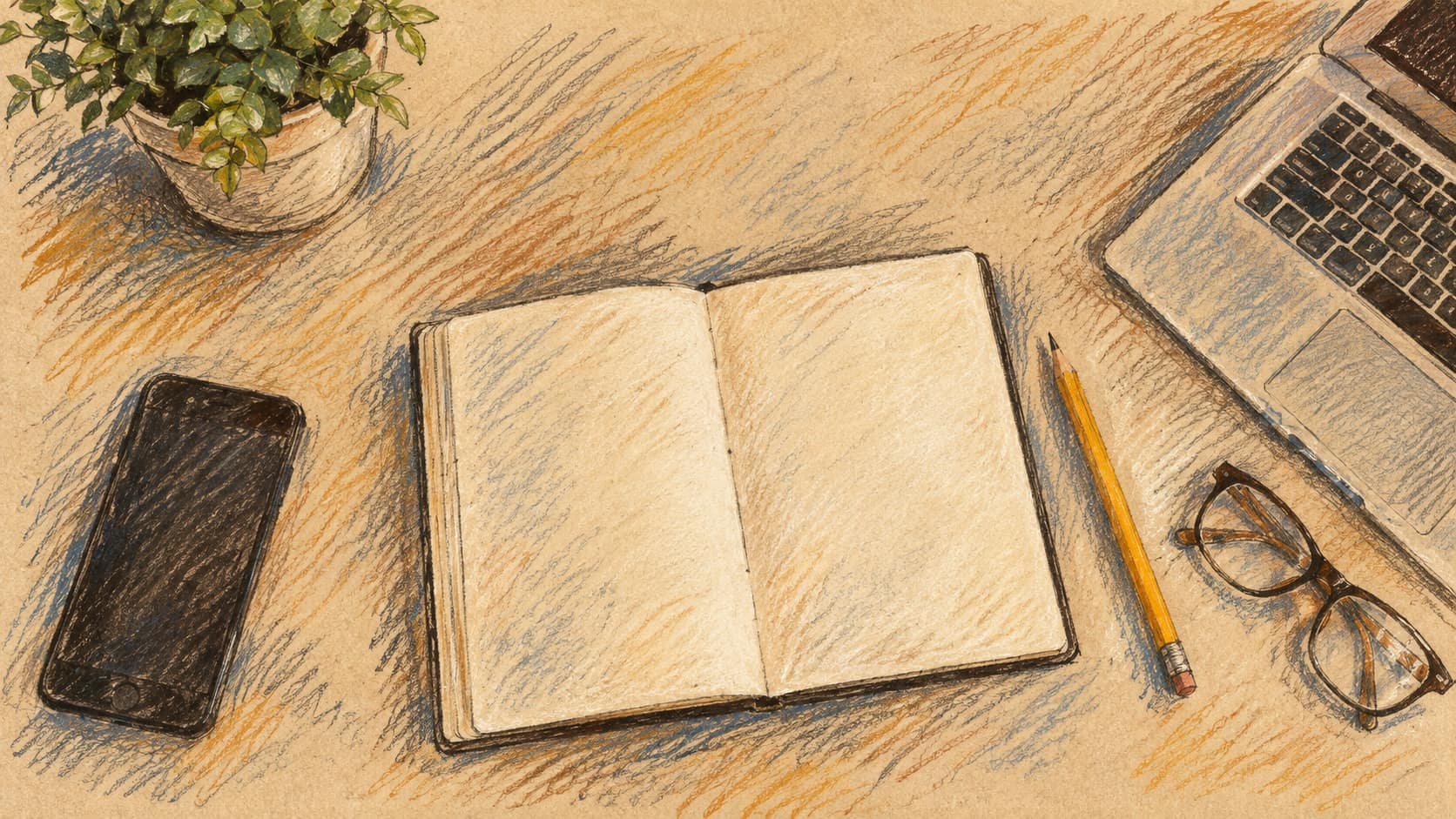 Courtroom-sketch editorial illustration of an unoccupied desk with a smartphone, laptop and blank notebook, used as context for digital banking work