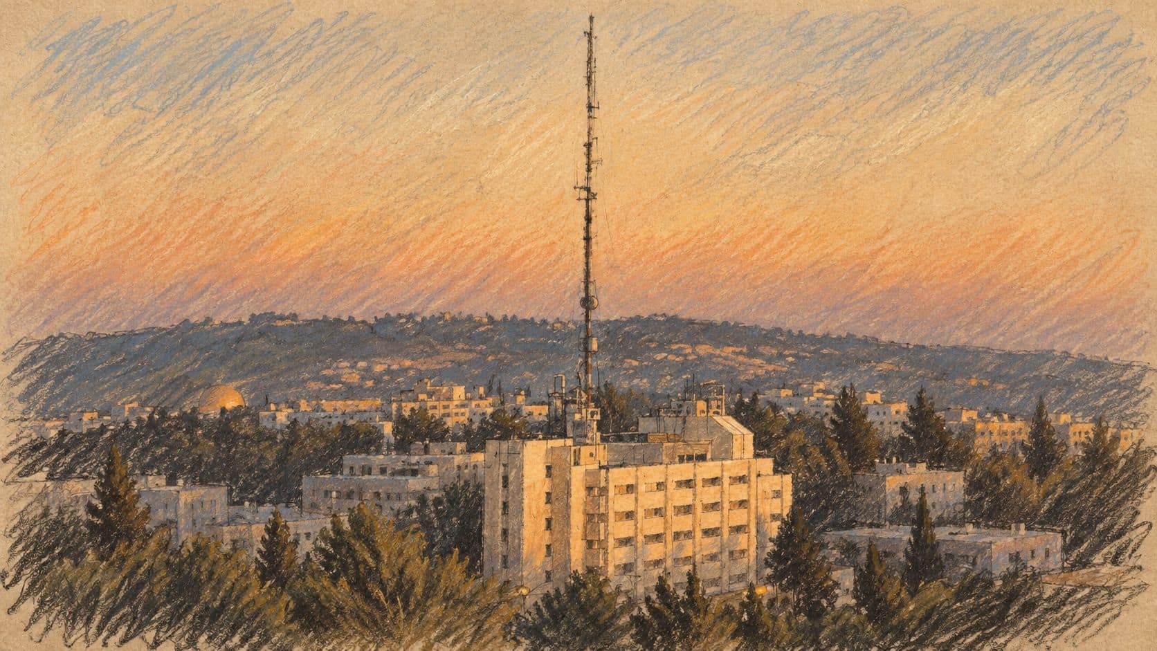 Courtroom-sketch editorial illustration of an archival sunset view of Israel Police national headquarters in Jerusalem and its antenna mast
