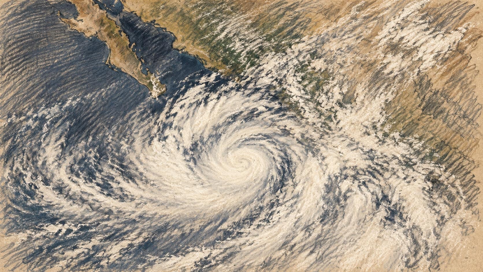 Courtroom-sketch editorial illustration of an archival September 30 satellite view of Hurricane Rachel over the eastern Pacific, with Baja California and mainland Mexico above the spiral cloud bands, rendered in warm ochre and slate-blue pastel strokes.