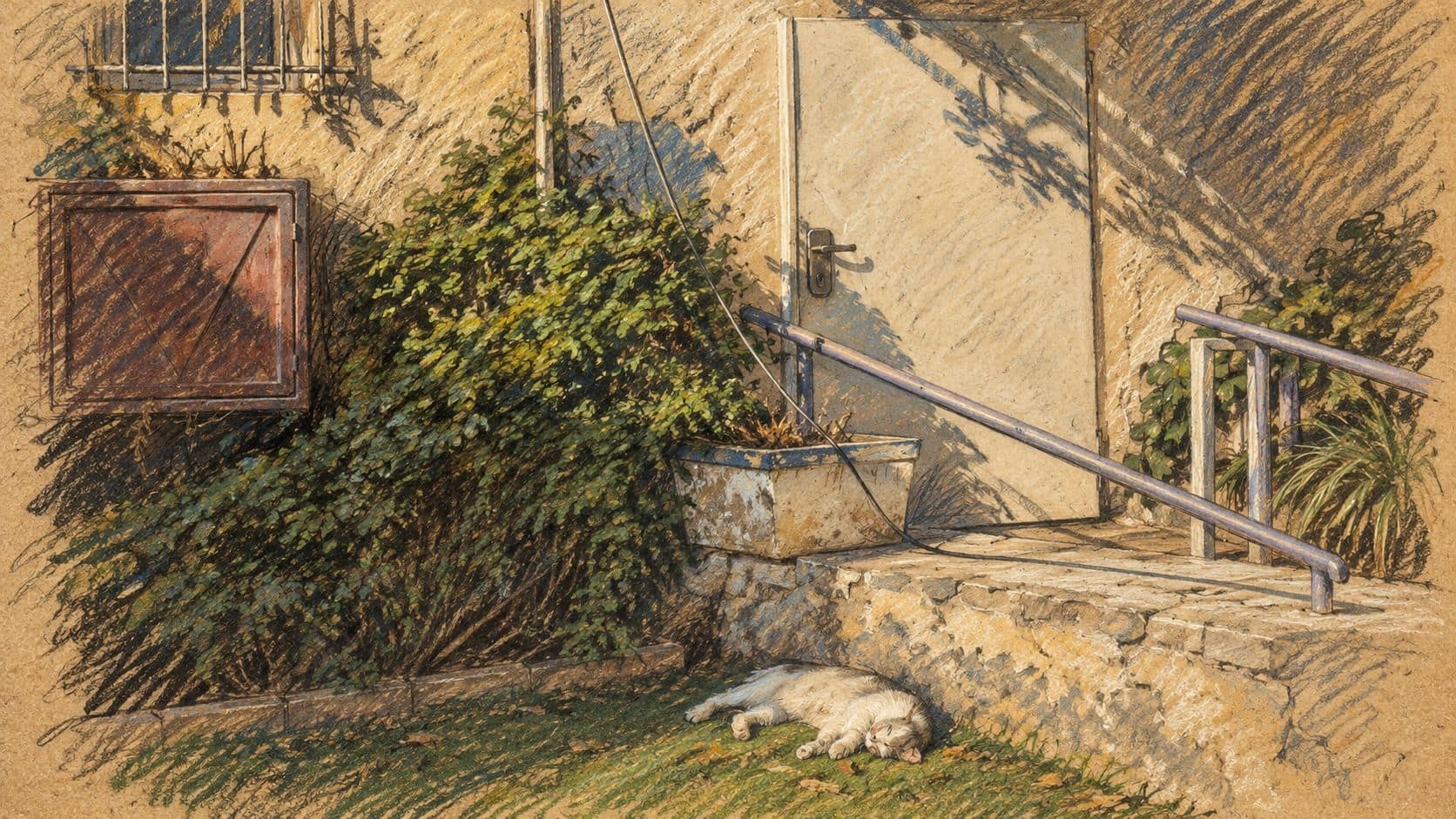 Courtroom-sketch editorial illustration of the Rehovot municipal archive entrance, greenery, steps and a resting cat, used as contextual city imagery for the online parent briefings.