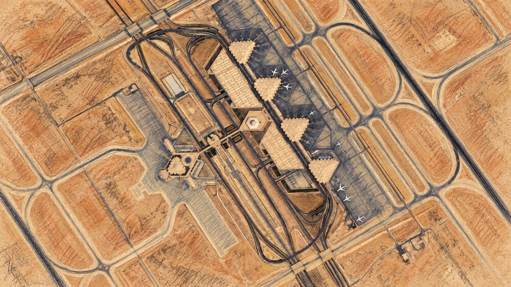 Courtroom-sketch editorial illustration of an archival 2006 overhead satellite view of King Khalid International Airport in Riyadh, with triangular terminals, aircraft aprons, taxiways and curved access roads amid desert terrain; airport context, not a depiction of the October 2026 attack, damage or casualties, rendered in warm ochre and slate-blue pastel strokes.