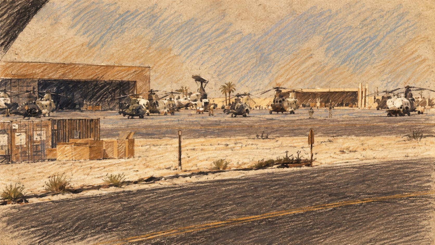 Courtroom-sketch editorial illustration of an archival 1990 view of King Fahd International Airport, showing hangars, helicopters and aircraft on the flightline, palms, a roadside fence and a paved foreground road, rendered in warm ochre and slate-blue pastel strokes; contextual airport view, not a depiction of the October 2026 attacks.