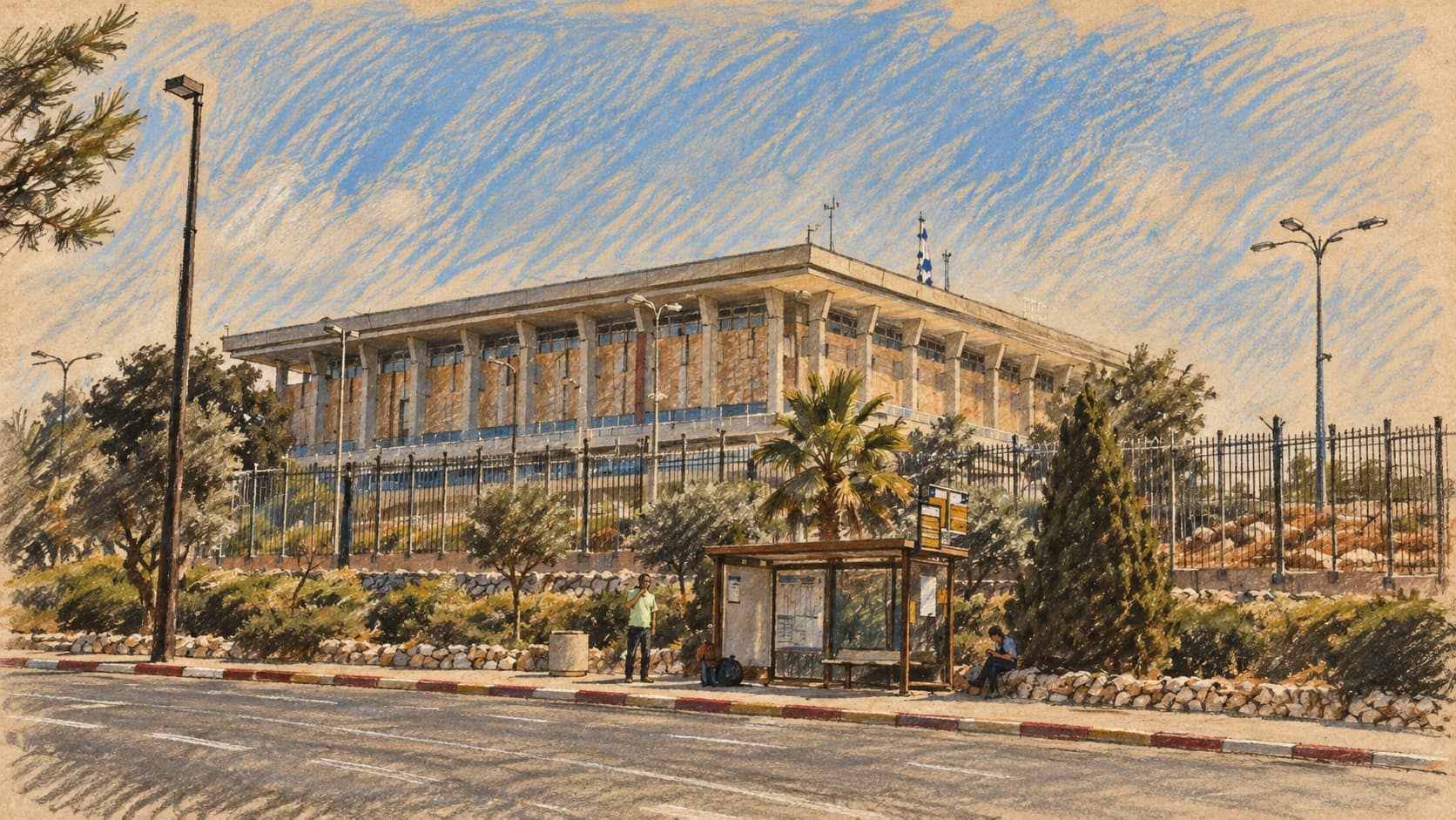 Courtroom-sketch editorial illustration of the Knesset building in Jerusalem behind a fence, palms and a roadside shelter, based on an archival 2018 exterior photograph as parliamentary context; it does not depict the announced agreement or its signing.