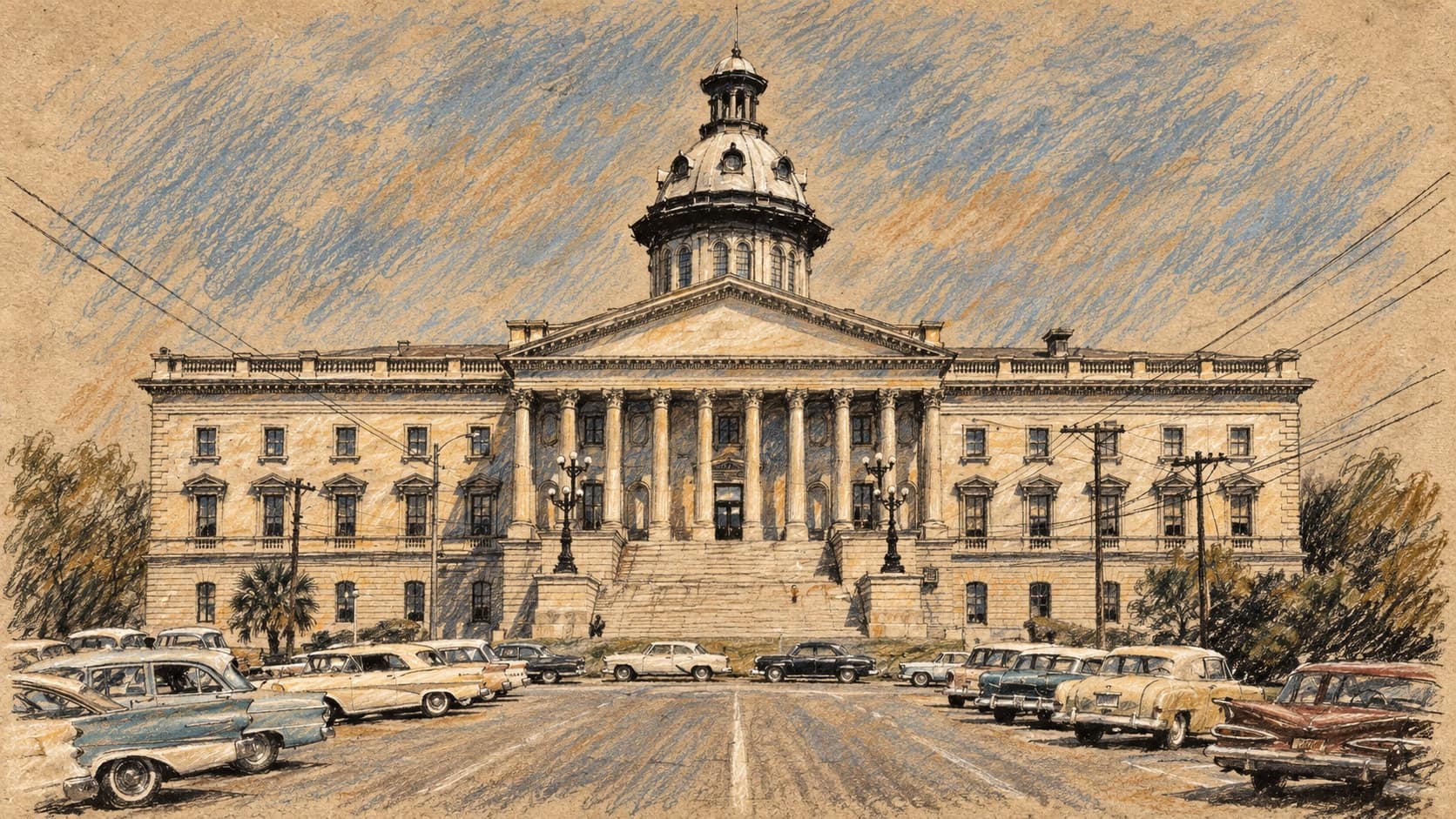 Courtroom-sketch editorial illustration of an archival 1960 exterior view of the South Carolina State House in Columbia, with its dome, columned entrance and historic parked cars; geographic and civic context, not the October 2026 Senate debate or its venue, rendered in warm ochre and slate-blue pastel strokes.