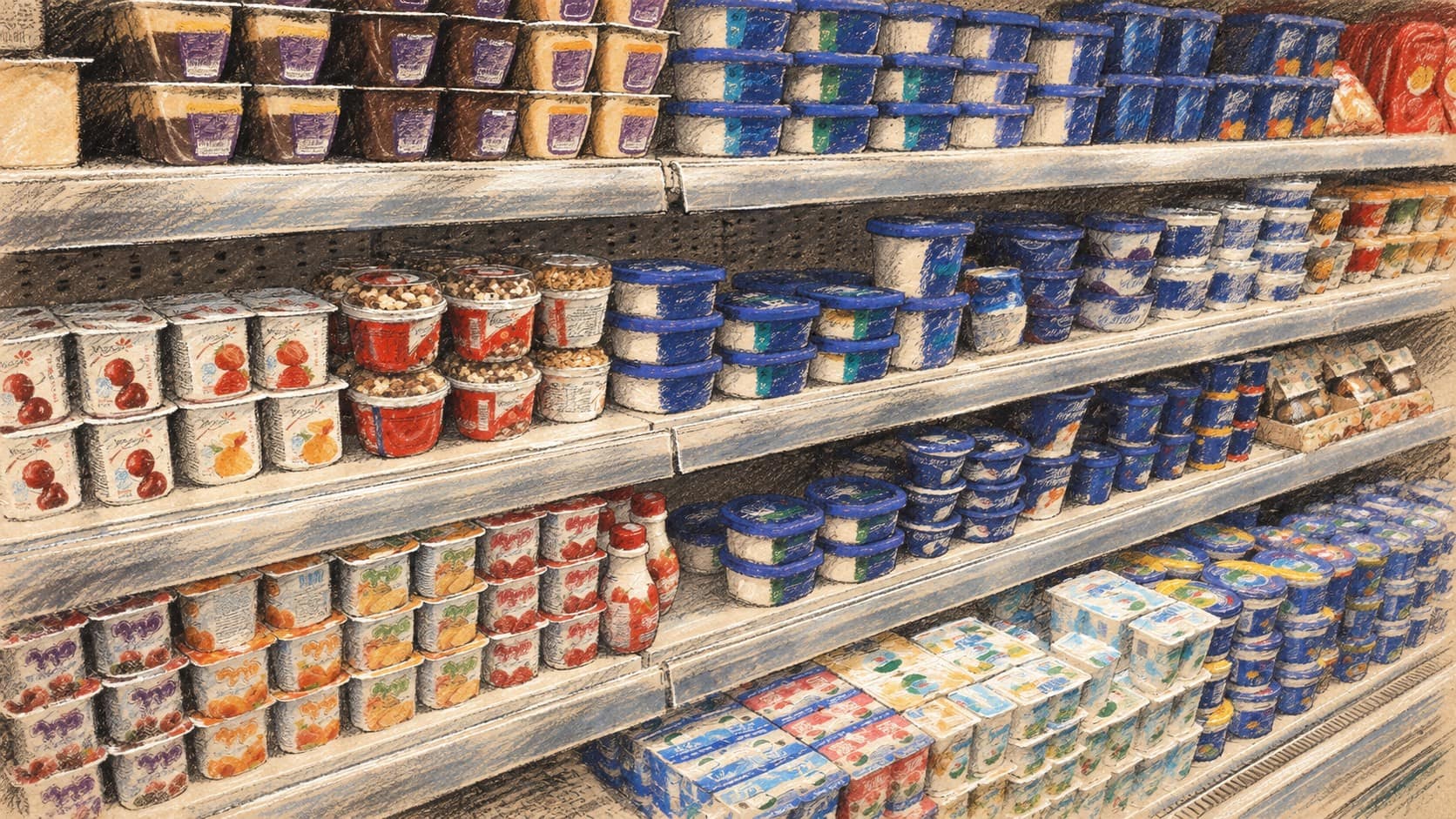 Courtroom-sketch editorial illustration of refrigerated yogurt and dairy shelves in an Israeli supermarket; archival grocery context.