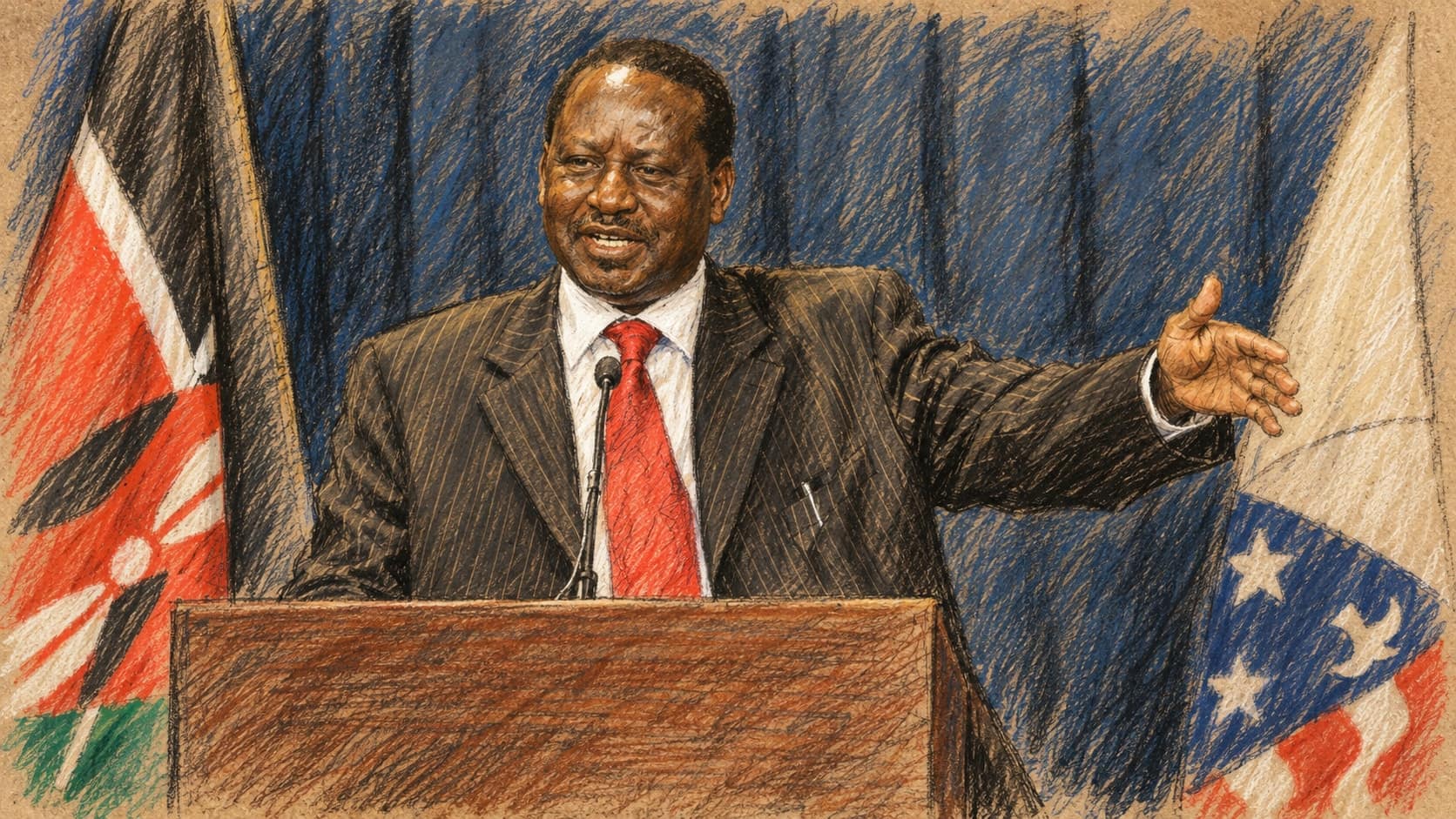 Courtroom-sketch editorial illustration of Raila Odinga in a dark suit and red tie speaking behind a lectern with an extended arm at a June 2008 Peace Corps visit, rendered in warm ochre and slate-blue pastel strokes; archival contextual portrait, not a depiction of the October 2025 funeral or shootings.