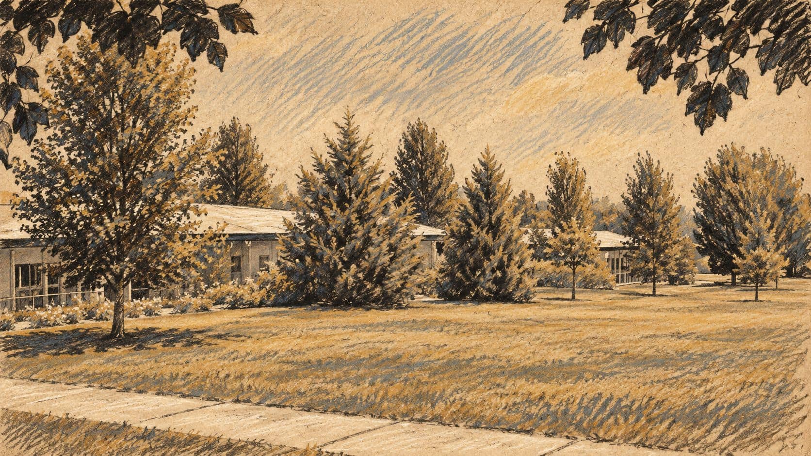 Courtroom-sketch editorial illustration of archival Kaplan Hospital grounds in Rehovot, based on a 1960 photograph; contextual hospital view, not the accident or patient.