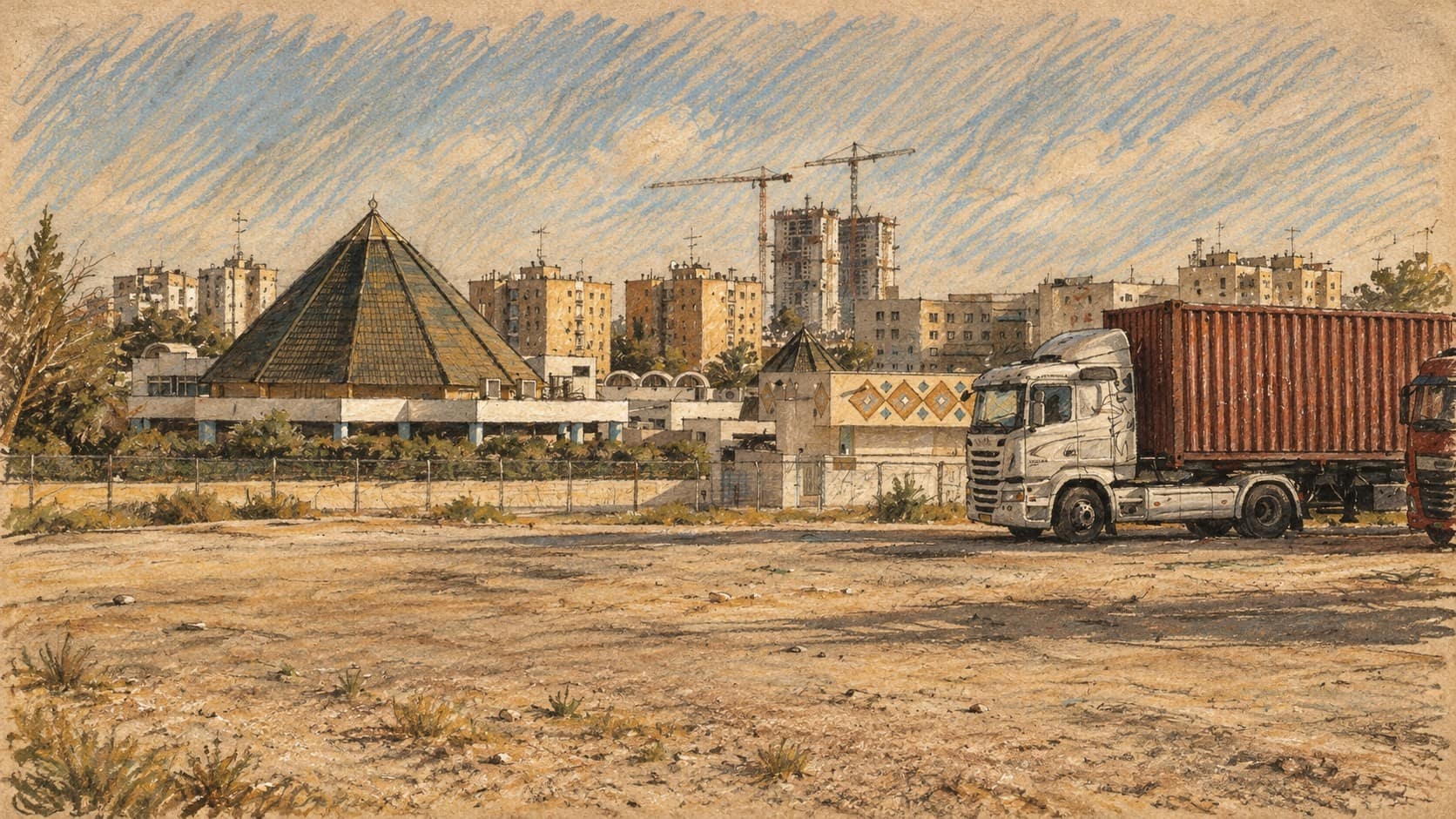 Courtroom-sketch editorial illustration of an archival Be’er Sheva cityscape with apartment buildings, a pyramid-shaped roof and a parked truck; contextual city view, not the stabbing location or incident.