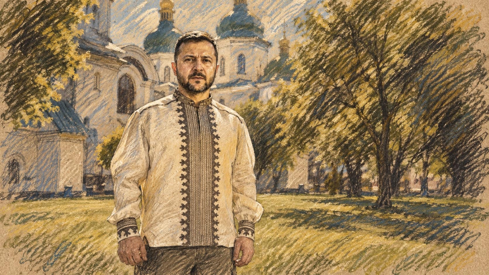 Courtroom-sketch editorial illustration of Volodymyr Zelensky standing in a light Ukrainian embroidered shirt on a lawn before trees and Saint Sophia Cathedral buildings in an archival May 2024 photograph, rendered in warm ochre and slate-blue pastel strokes; contextual portrait, not a depiction of the October 2026 attacks.