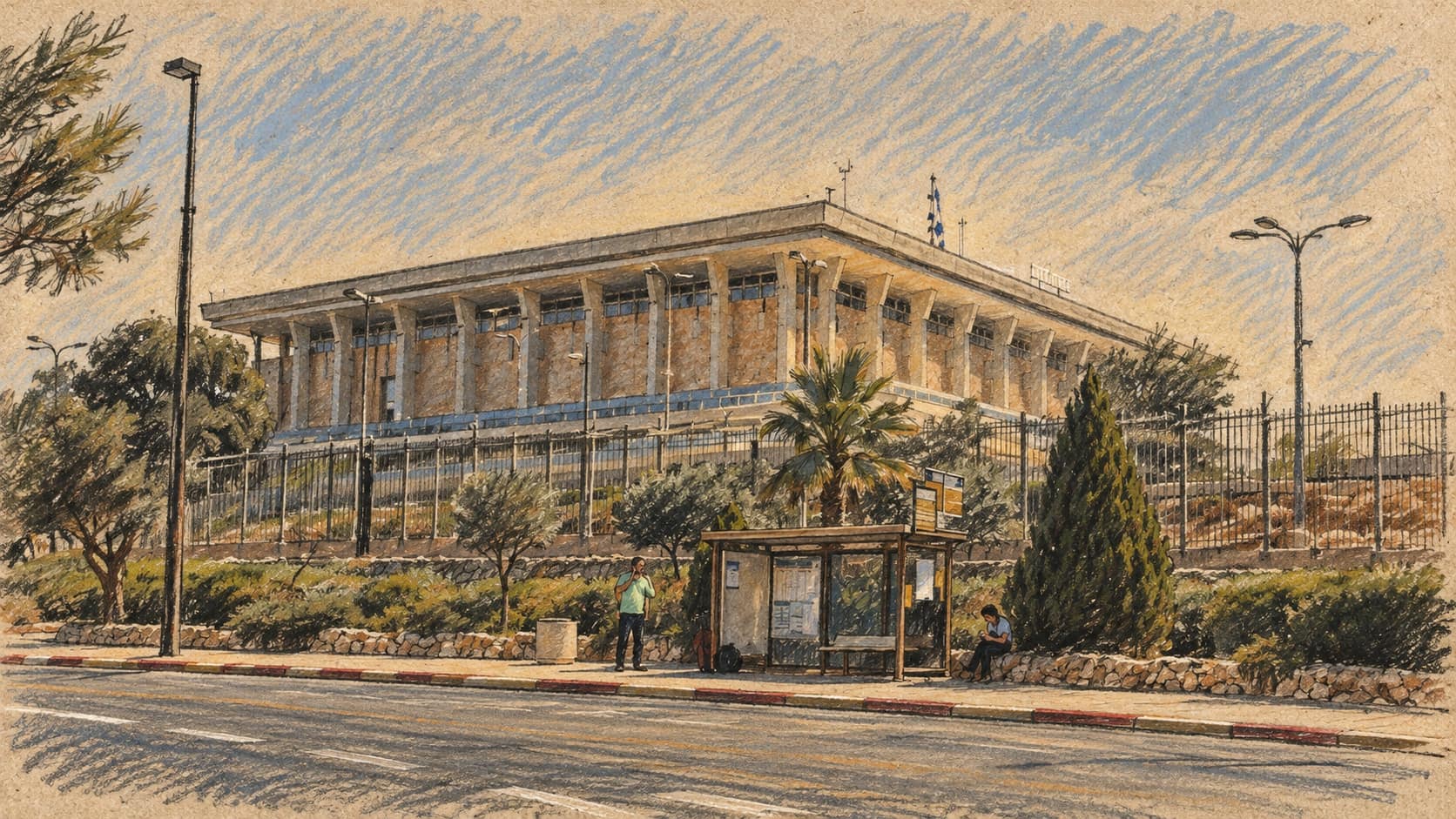 Courtroom-sketch editorial illustration of the Knesset building behind a fence and landscaped grounds, with a road and bus stop in the foreground; archival parliamentary context for election administration.