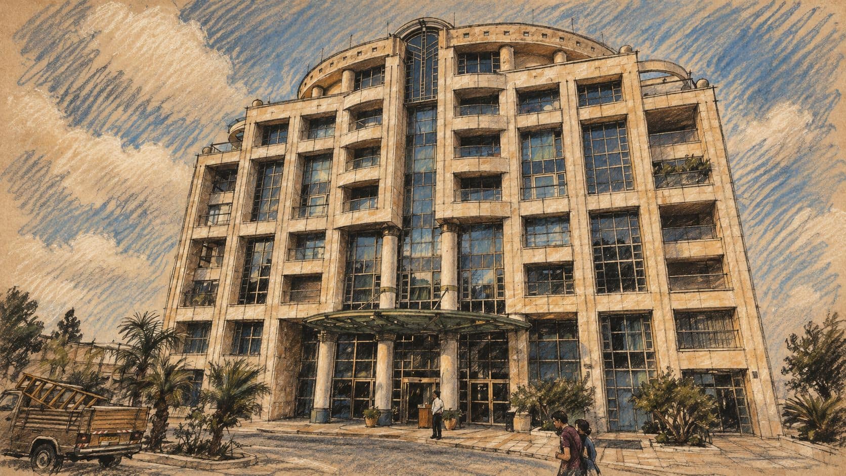 Courtroom-sketch editorial illustration of an archival 2011 view of the Crowne Plaza hotel building in Haifa; hotel-sector context, not a depiction of the October 2026 promotion or evidence of this property's participation.