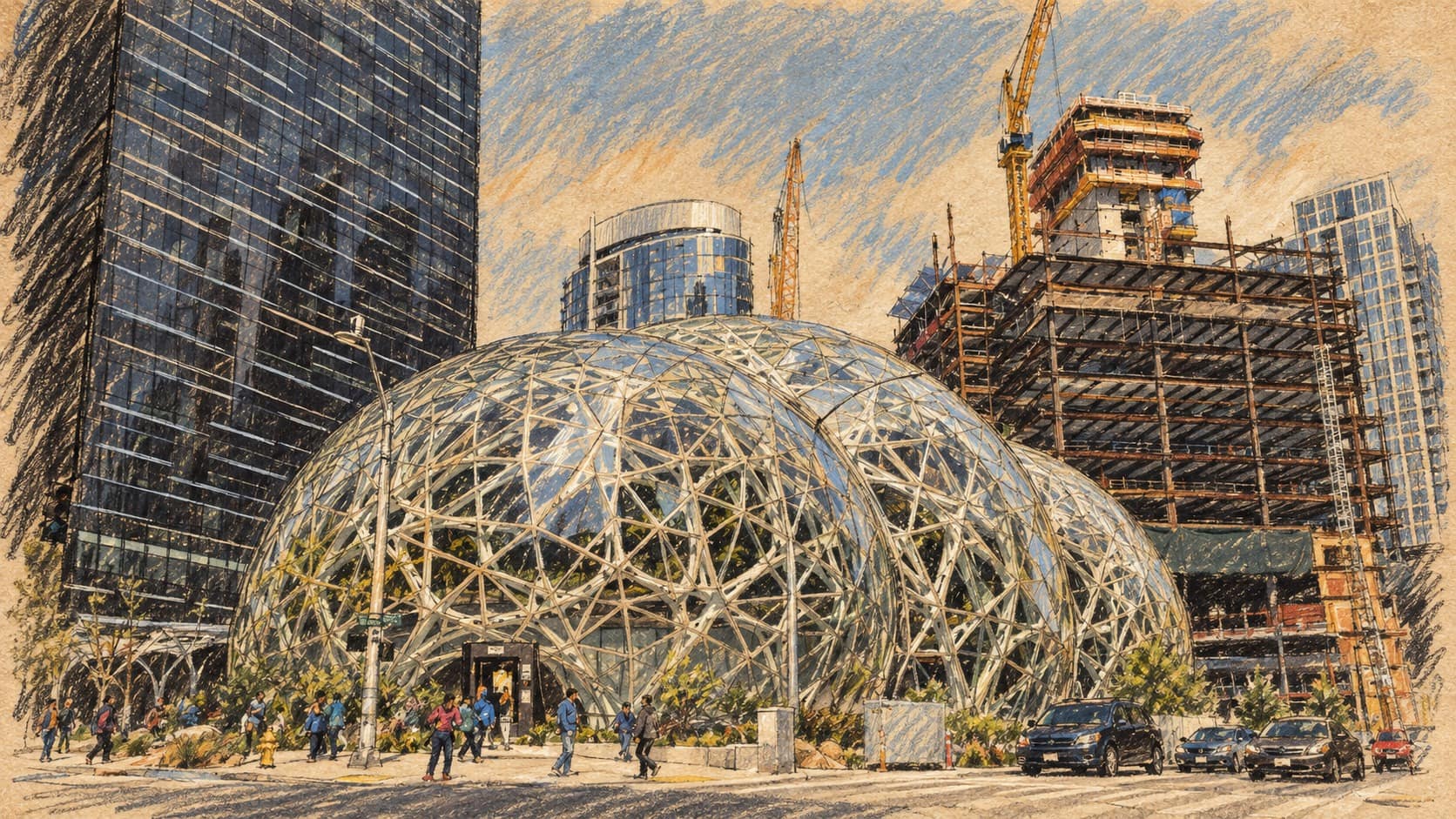 Courtroom-sketch editorial illustration of an archival 2018 view of Amazon Spheres on its Seattle headquarters campus, with office buildings and a construction site; contextual campus scene for the reported Decart acquisition talks.