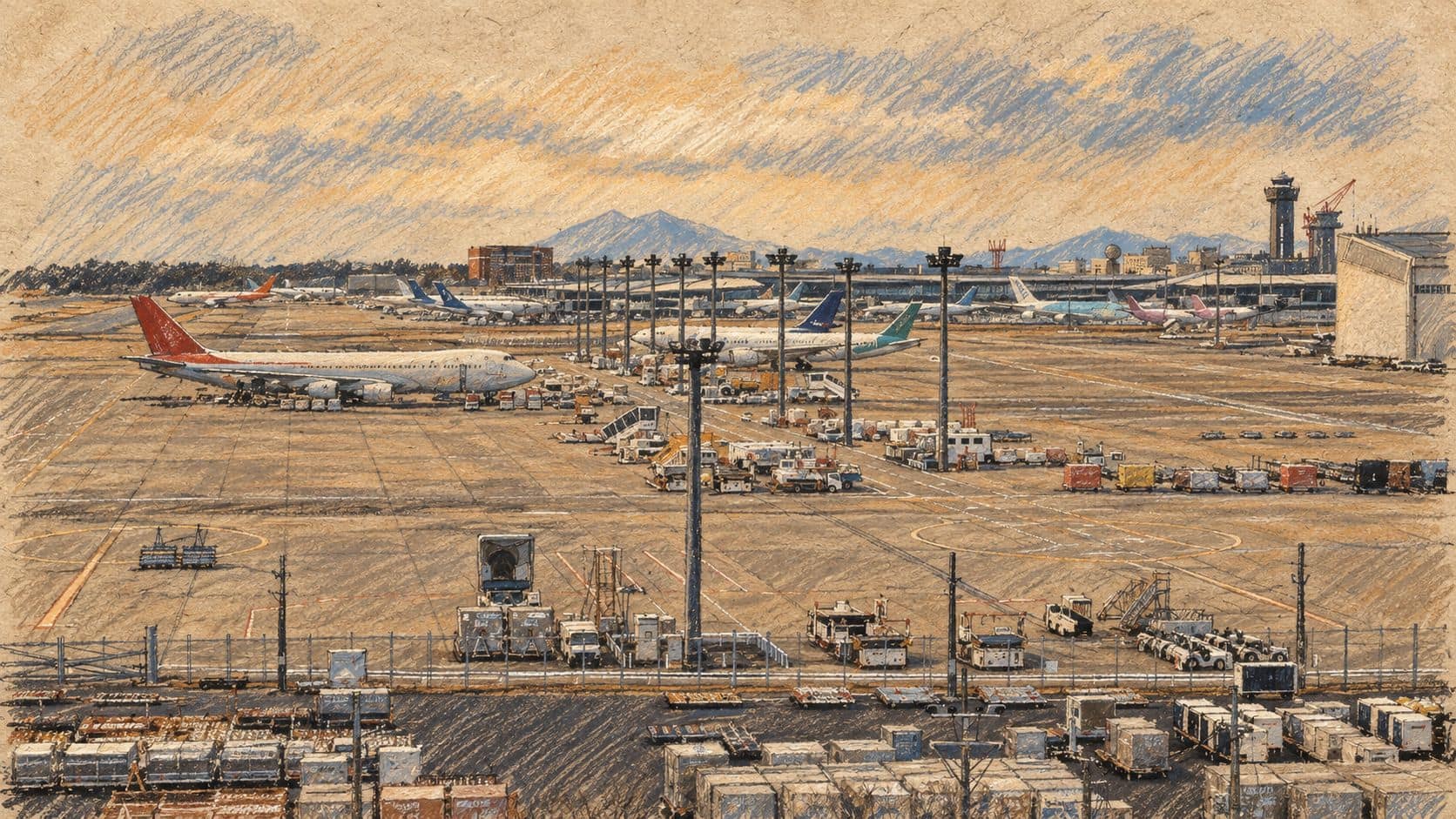Courtroom-sketch editorial illustration of an archival Narita airport apron with parked aircraft, terminal buildings and ground-service equipment; airport context for the Tokyo route.