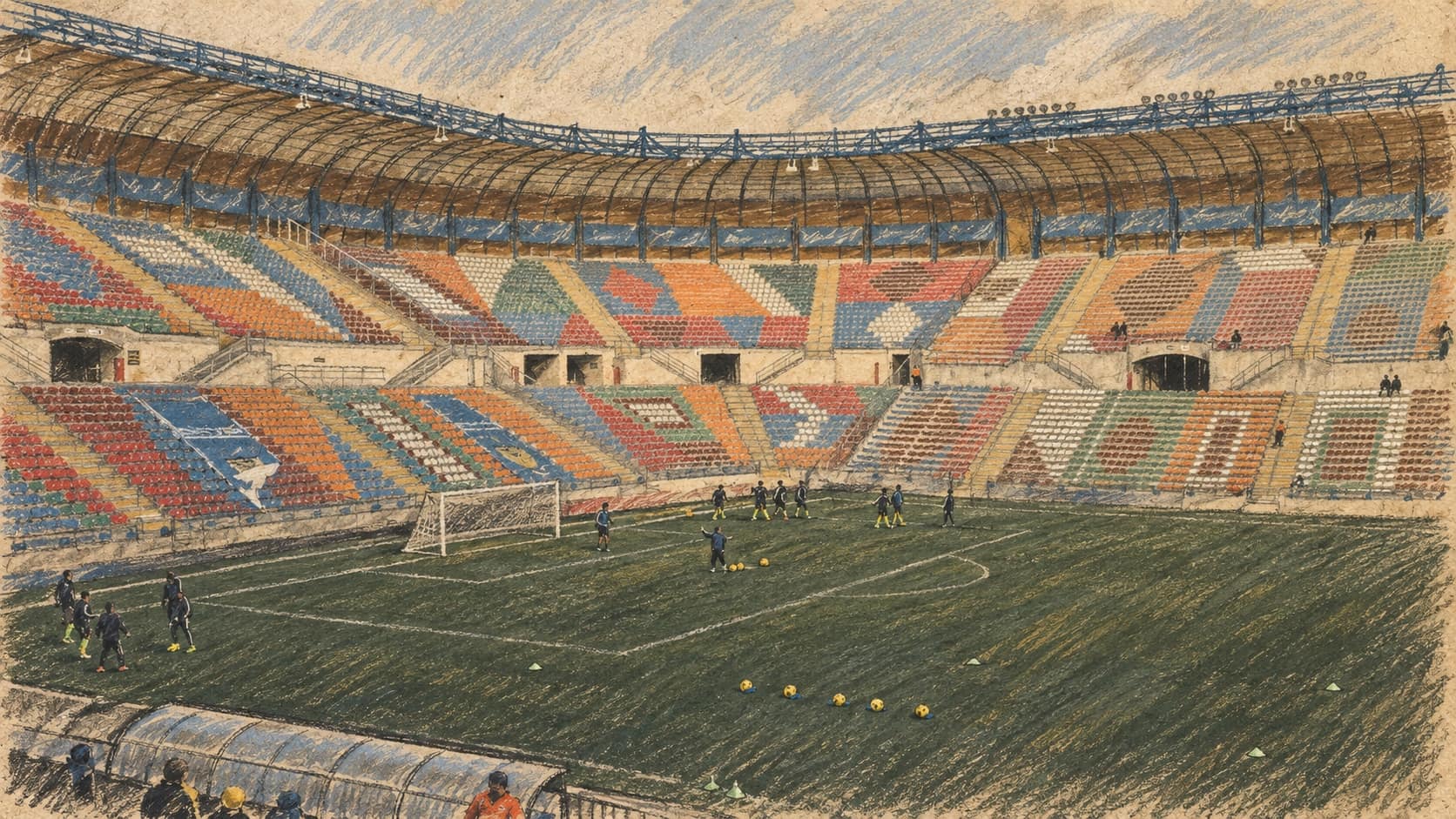 Courtroom-sketch editorial illustration of an archival 2011 view inside Teddy Stadium, Beitar Jerusalem’s home ground; contextual stadium view, not the October 11 away match in Rehovot