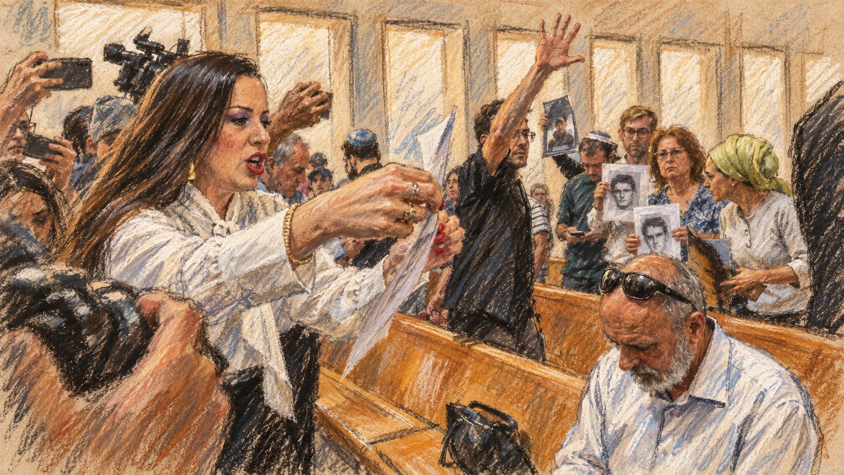 Courtroom-sketch editorial illustration of Tali Gottlieb holding papers at an archival 2024 Supreme Court hearing