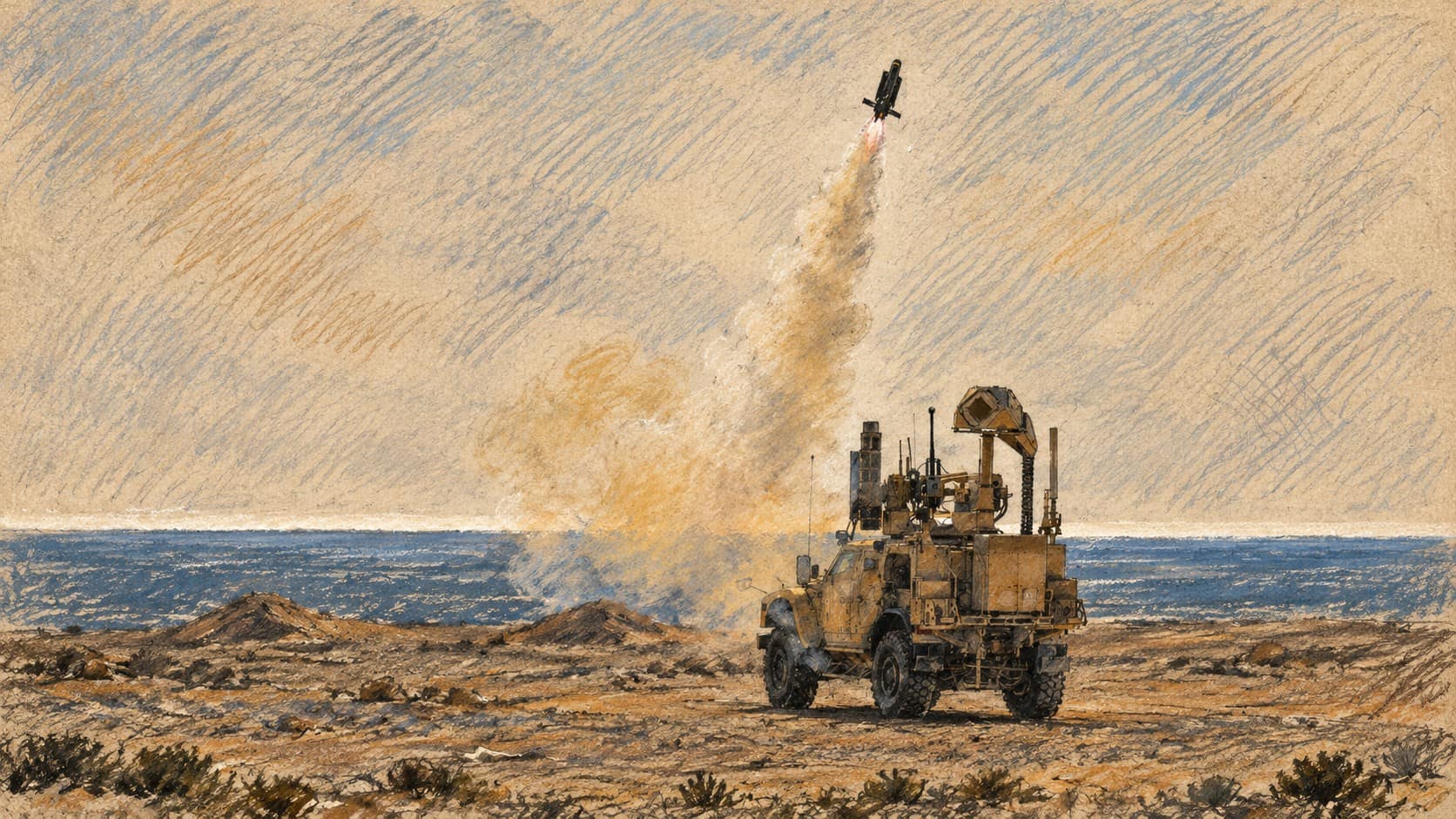 Courtroom-sketch editorial illustration based on an archival U.S. Navy photograph of a counter-drone interceptor launching from an armored vehicle during January 2026 training in Bahrain; contextual technology image.