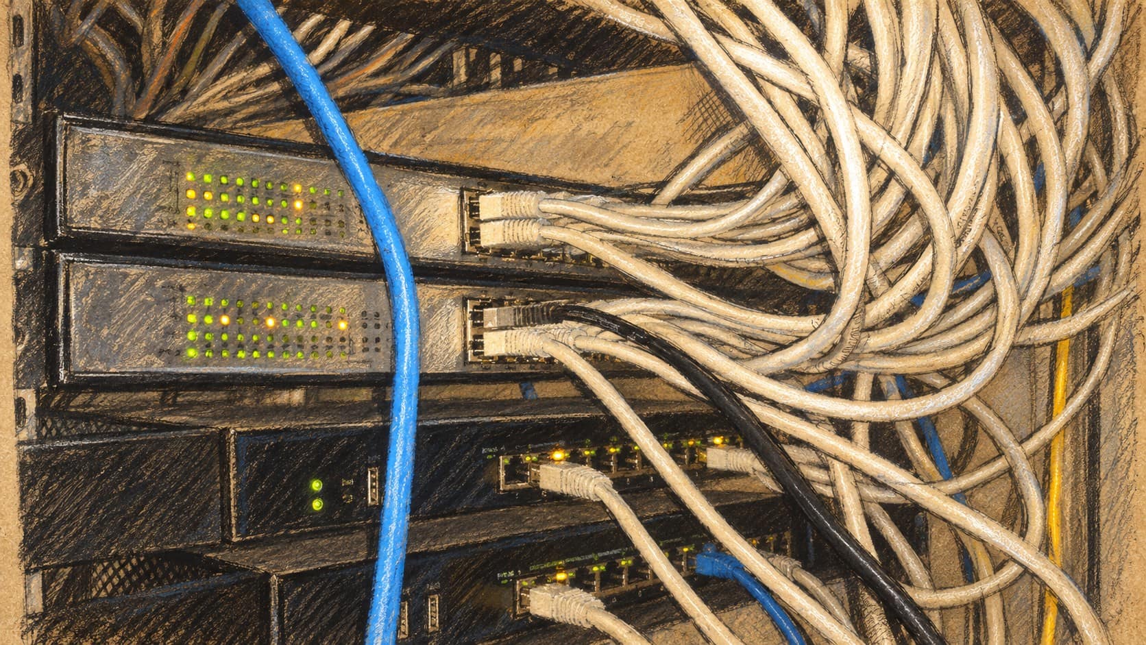 Courtroom-sketch editorial illustration of archival network switches and bundled Ethernet cables, providing networking context; not DriveNets equipment or the reported employee share sale.